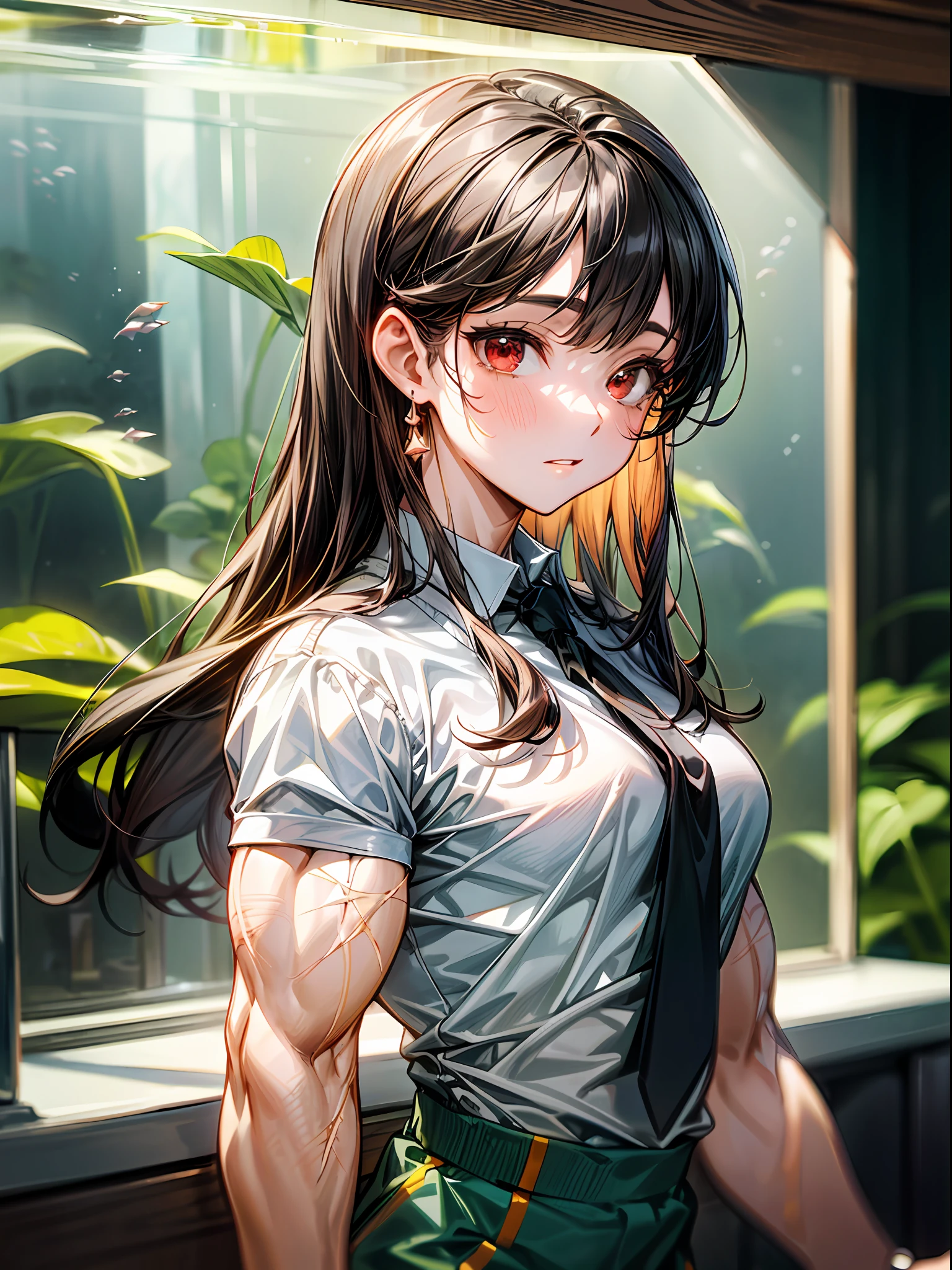 (best lighting) , (super-complex details) , 4K unified, (super-detailed CG: 1.2) , (8K: 1.2),(original), (masterpiece) , (best quality),(Masterpiece:1.4),Anime-ish high quality,(masterpiece),masterpiece, best quality, absurdres,((Masterpeace, 4k, 8k, highres)),(masterpiece), (best quality), (ultra-detailed), (an extremely delicate and beautiful), ((cowboy shot)), 1 woman, Yoru, beautiful face, detailed face, red eyes, scar on the cheek, long hair, black hair, school uniform, white shirt, black tie, dynamic pose, looking at viewer, on a aquarium, fish tank behind her, algae, marine life, blurred bottom, female focus, depth of field, full HD, high definition, high resolution
, ((body builder:1.5)),temple background,(beautiful bace),(girl),(female),(((upper body:1))),from front