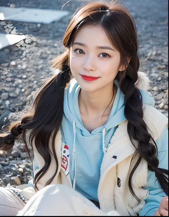 An arapi girl with long black hair sits on a gravel floor, Asian girl with long hair, young cute wan asian face, black haired girl wearing hoodie, wan adorable korean face, braid hairstyle, cute beautiful, young and cute girl, ulzzangs, two pigtails hairstyle,beautiful lovely, Young and lovely face