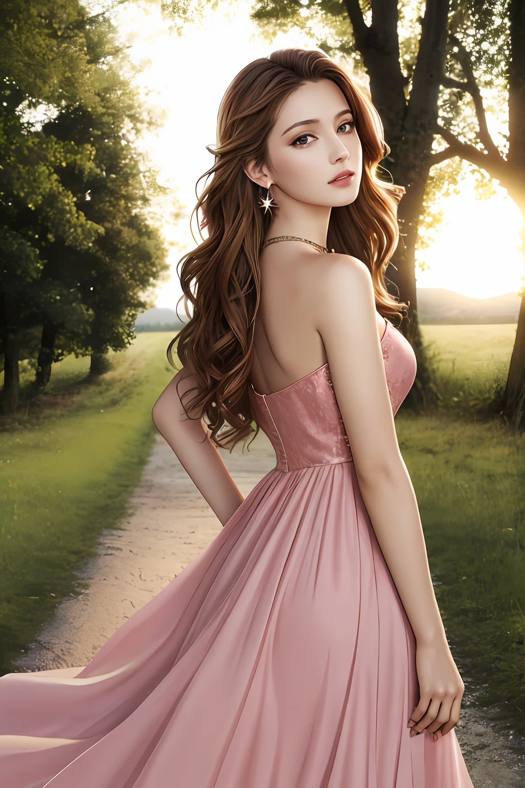 Best quality, masterpiece, photorealistic:1.27, ultra high res, 8K raw photo, 1girl, dress, solo, brown hair, jewelry, long hair, earrings, pink dress, tree, nature, outdoors, bare shoulders, abandoned barn, looking back, standing, necklace, head tilt, wavy hair, looking at viewer, detailed texture, rim lightning, cowboy shot