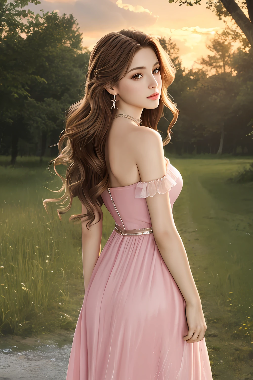 Best quality, masterpiece, photorealistic:1.27, ultra high res, 8K raw photo, 1girl, dress, solo, brown hair, jewelry, long hair, earrings, pink dress, tree, nature, outdoors, bare shoulders, abandoned barn, looking back, standing, necklace, head tilt, wavy hair, looking at viewer, detailed texture, rim lightning, cowboy shot