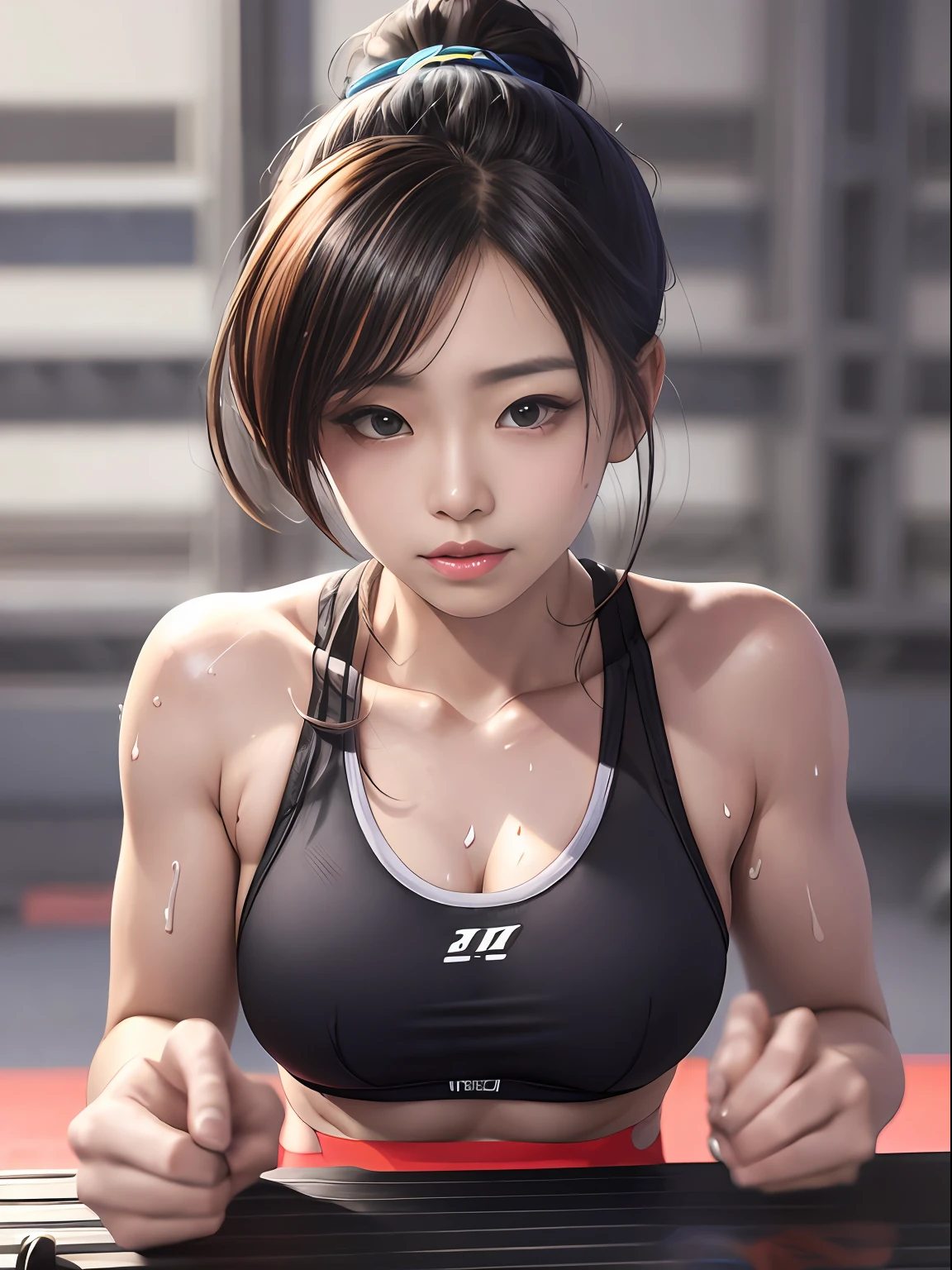 Alafed asian woman in black sports bra top and black tights, Chun-Li at the gym, Yoshitomo Nara, flushed and sweaty, Aoi Ogata, Chiho Aoshima, Japan model, Omina Tachibana, Koji Ayami, sweat, Yuka Kazami