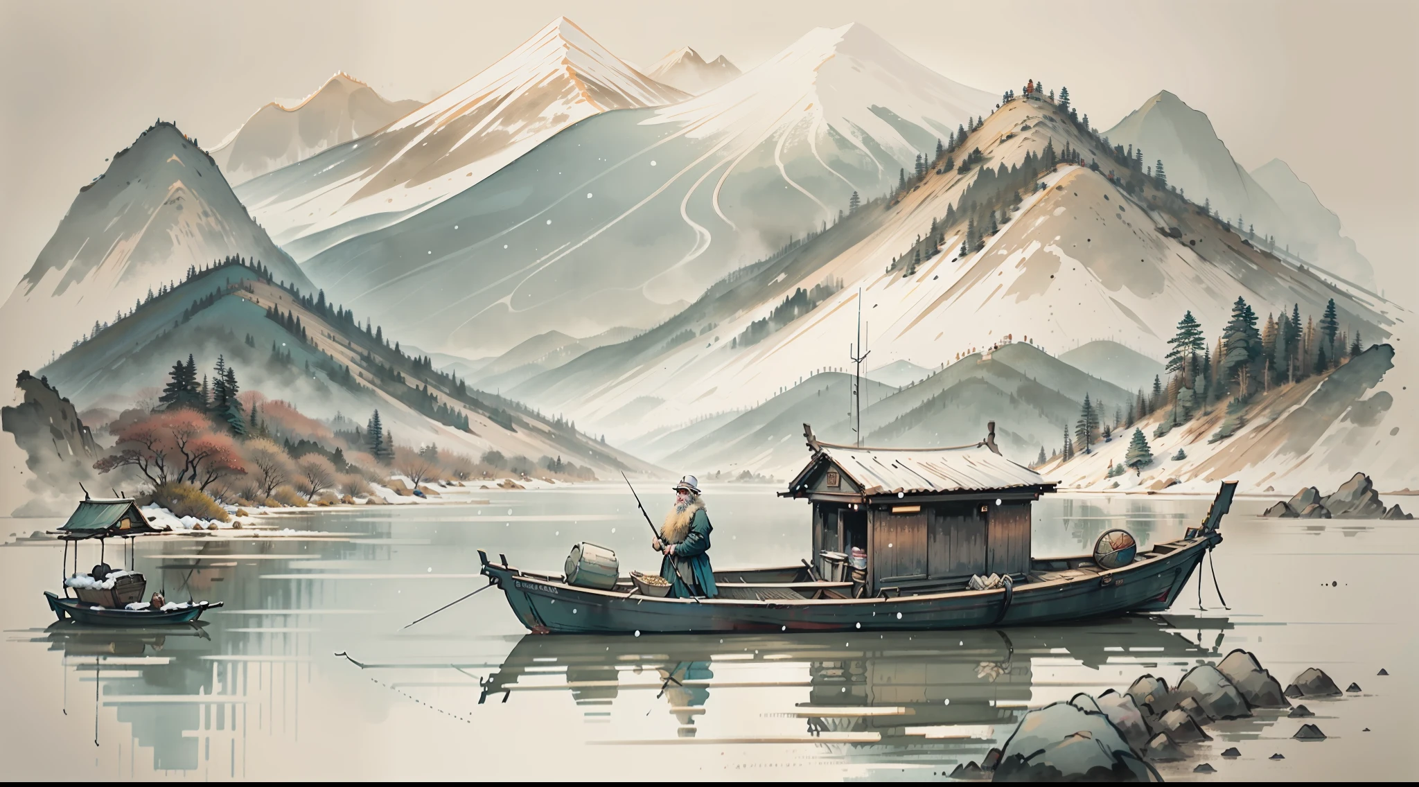 （tilt shift lens:1.6）Winters，（nevando:1.2），River，The old man was alone in a dress on a fishing boat，（Fishing:1.2），mont，Eau，the night，Epic composition，tmasterpiece