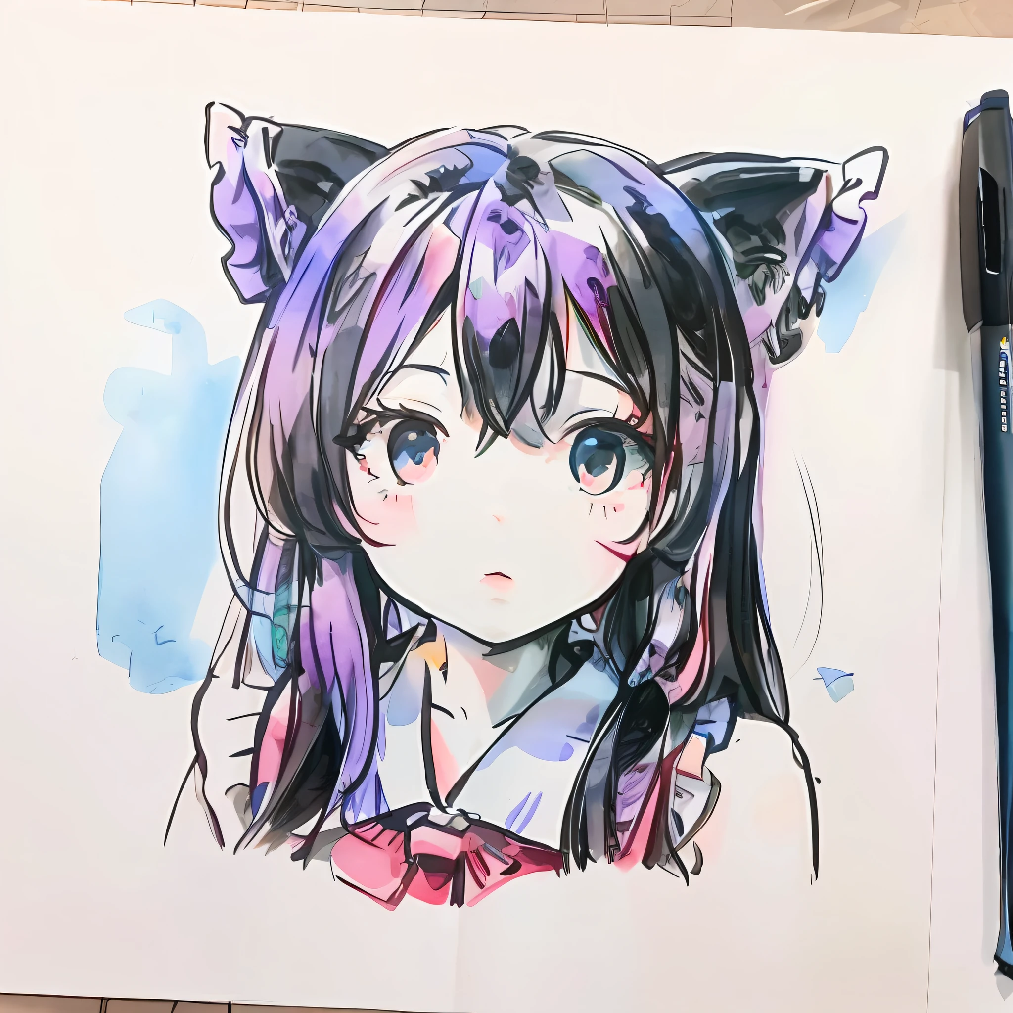 drawing of a girl with a cat ear and a cat tail, flat anime style shading, anime sketch, anime shading), Line sketch!!, traditional drawing style, anime shading, Anime Paintings, anime girl with cat ears, an anime drawing, anime style drawing, anime moe art style, clean anime outlines, extremely fine ink lineart, Girl with cat ears,The main color is purple!