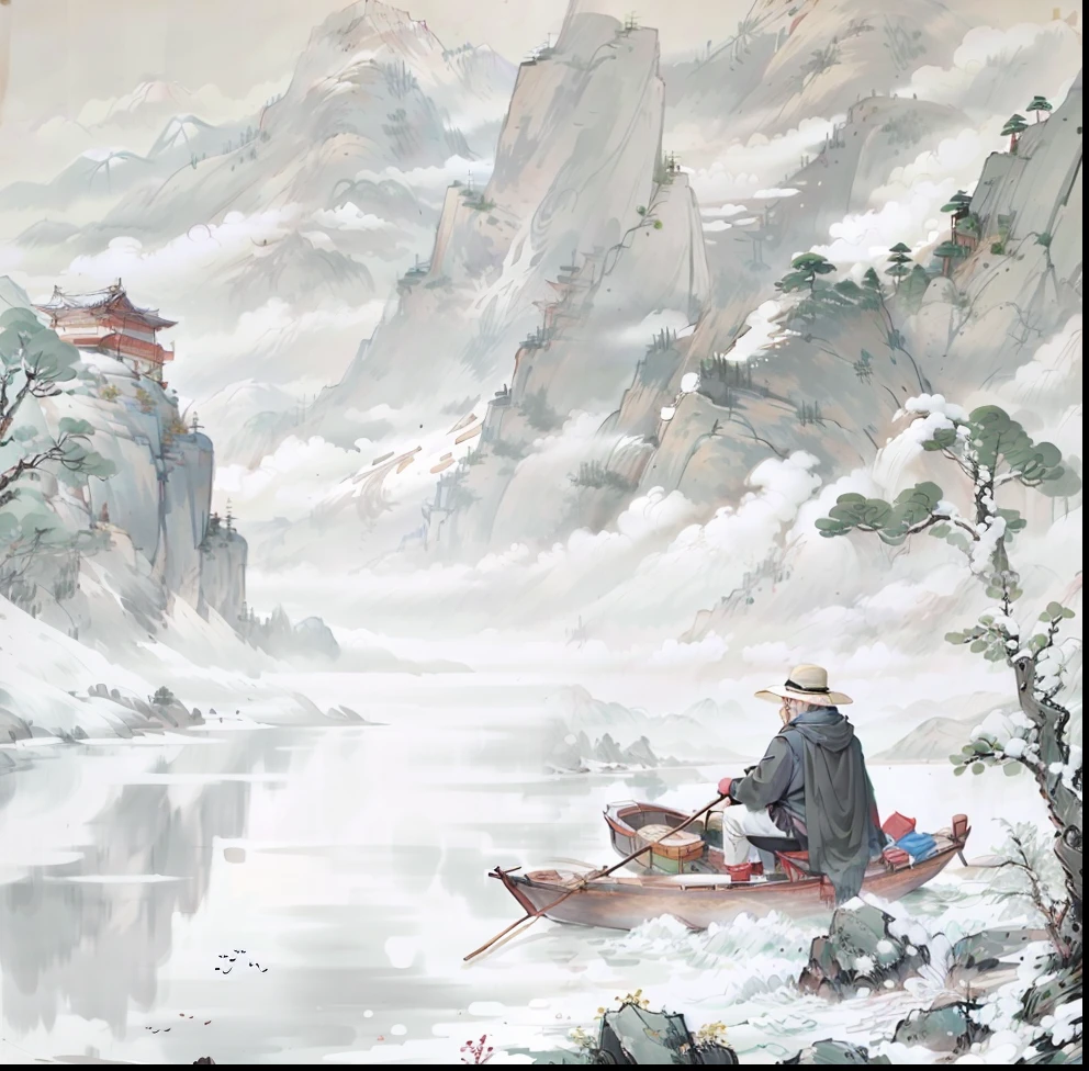 tmasterpiece,high qulity,a drawing of a Chinese landscape with mountains,An old man sits on a small boat fishing,The old man was dressed in period costume，A cloak over his head,The mountains are in the background,pines,Lake,Underwear snow,an Chinese ink painting style