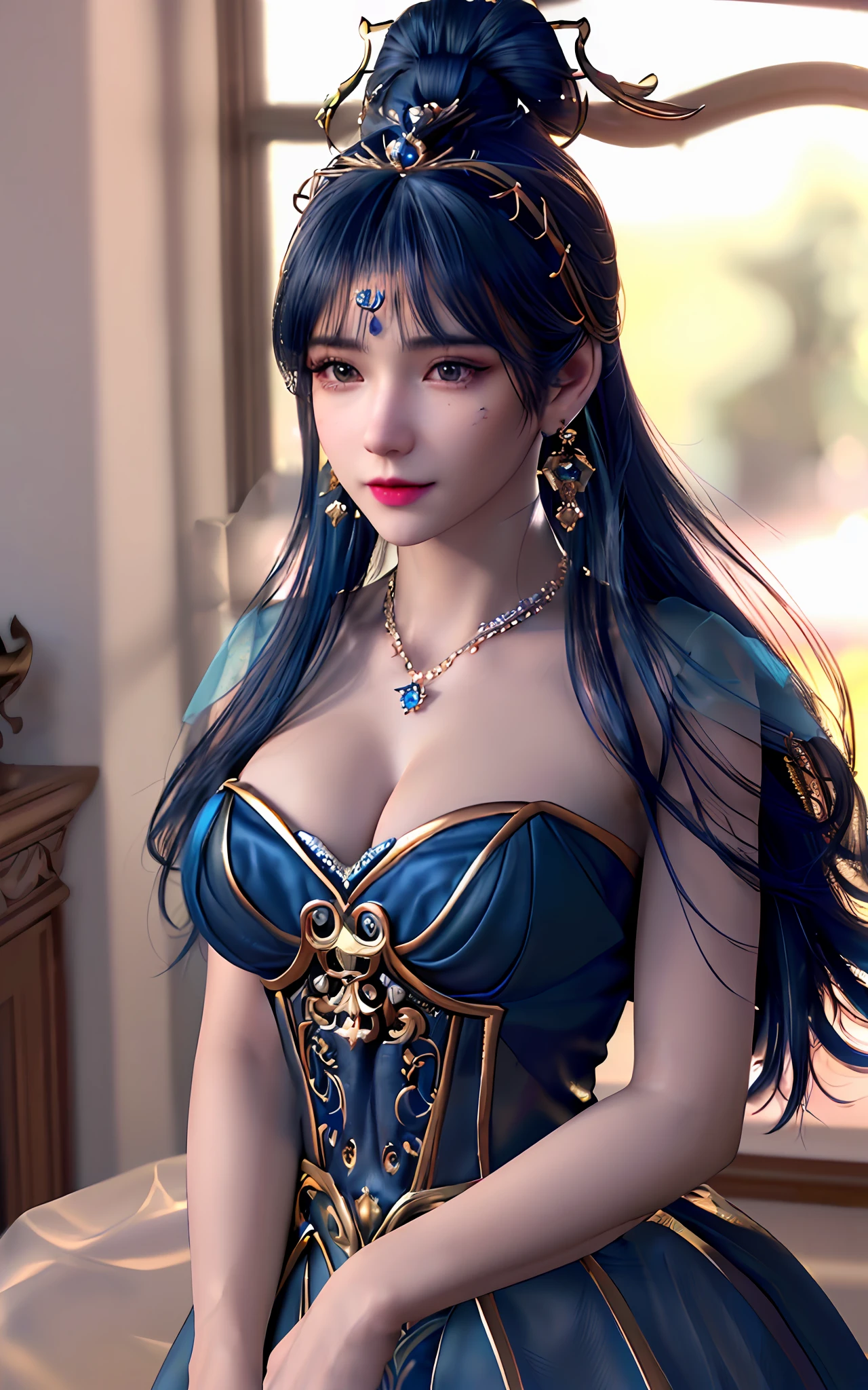 ((realisticity: 1.2)), ((best resolution: 8K UHD)), best quality,masterpiece,highres,cg,
((1 super detailed and super realistic girl)), ((very beautiful queen dazzling, super realistic, and super detailed)), long hair, ((super realistic and super detailed dress)), solo, ((super realistic, super beautiful, gorgeous and super detailed jewelry)), ((super beautiful, super realistic and super detailed dark blue and golden yellow dress)),
((super beautiful, super realistic, super detailed diamond filled earrings)),
((super beautiful, super realistic and super detailed diamond filled hair ornament)), ((super beautiful upper body, super beautiful, super realistic and super detailed)), ((big breasts: 2.5)),
((super grand, super realistic and super detailed royal palace backgroun))
((super beautiful, super beautiful, super realistic and super detailed hair bun)), ((super beautiful, super realistic and super detailed blue hair)),
candid, Photograph, high resolution, 8k,Bokeh,