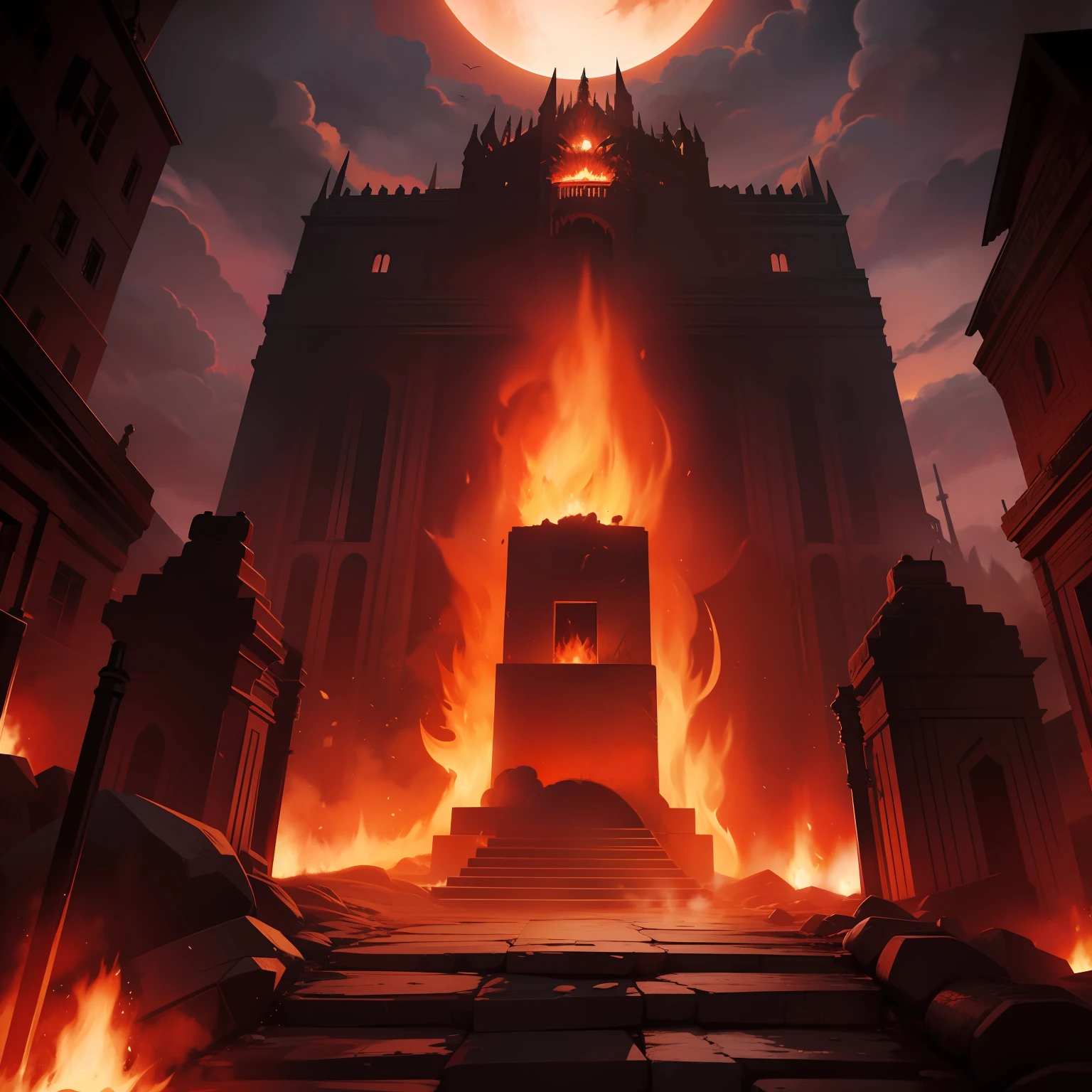 "Intense and roaring flames engulfing the surroundings in a magnificent display. +"