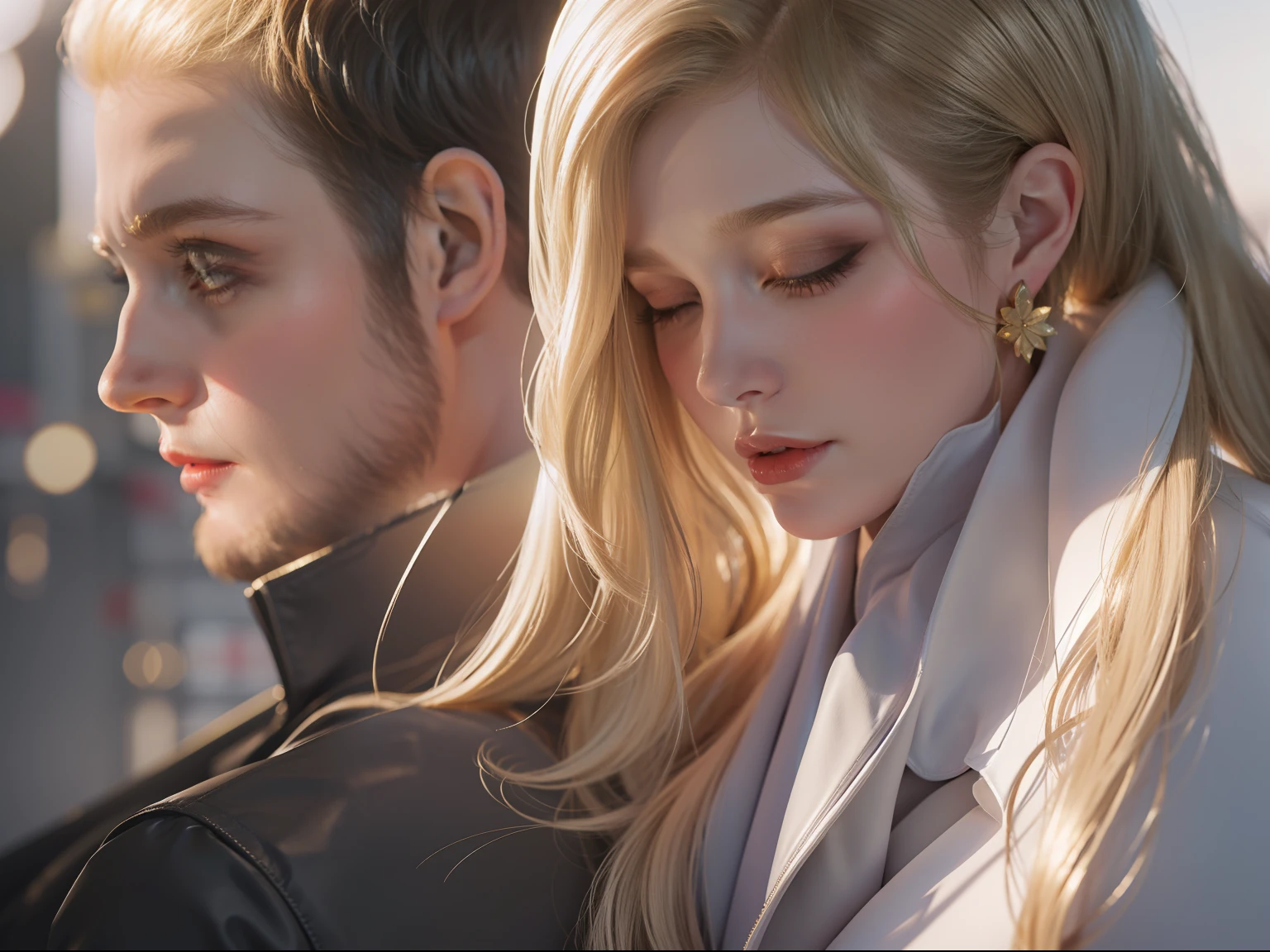(( 30 years, big man short brown hair, tall ))with ((1woman blonde long hair)) art style guweiz , simple background , couple ,show her ass , naked ,bokeh