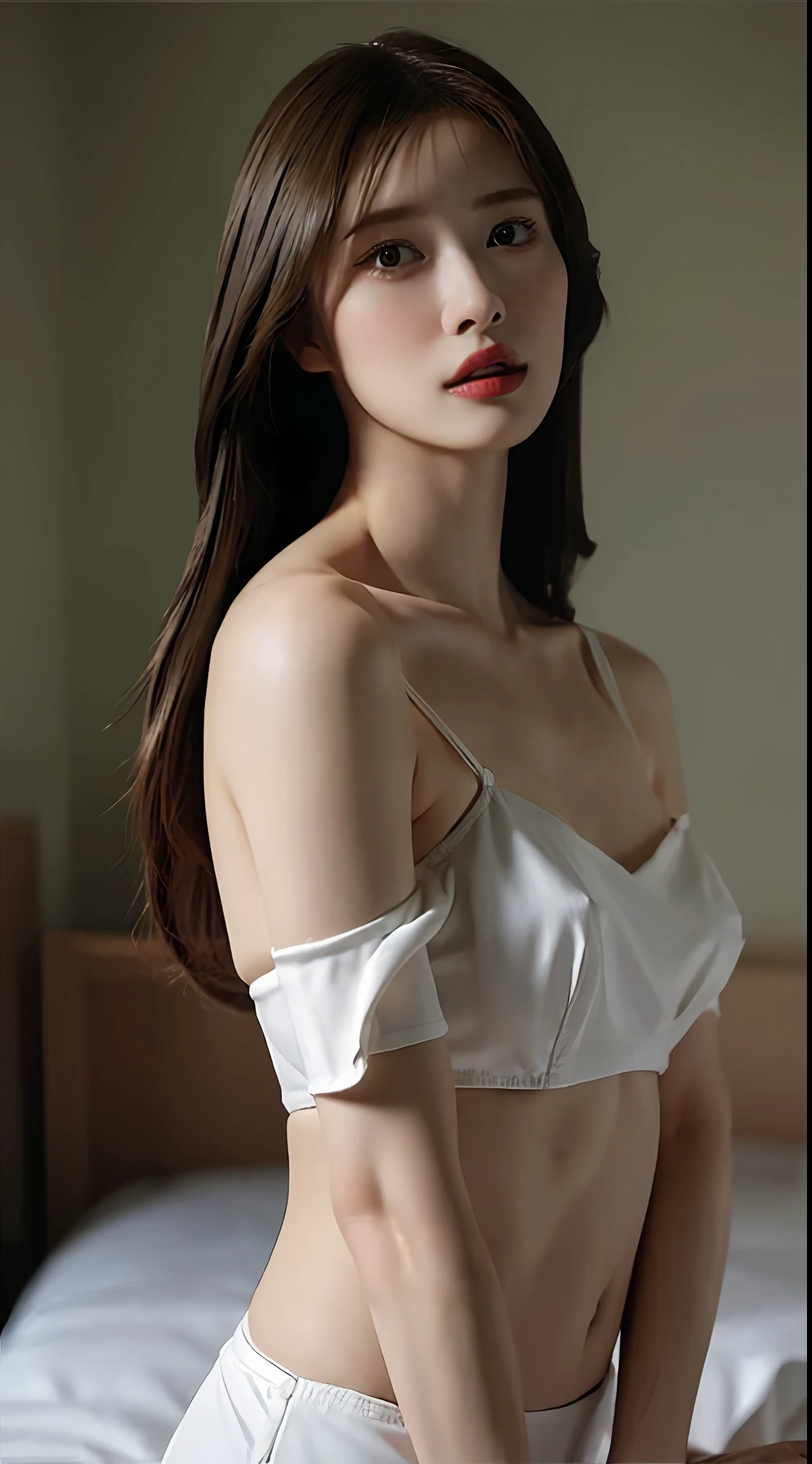 ((top-quality、8K、masuter piece:1.3))、1 female、Beautiful girl emphasizing slender abs:1.3、爆乳:1.2、Pose Seductive、Sexually seductive facial expressions、Open your crotch on the bed、Red Off Shoulder、Cinematic lighting、hyperdetailed face、High detailed lips、A detailed eye、二重まぶた