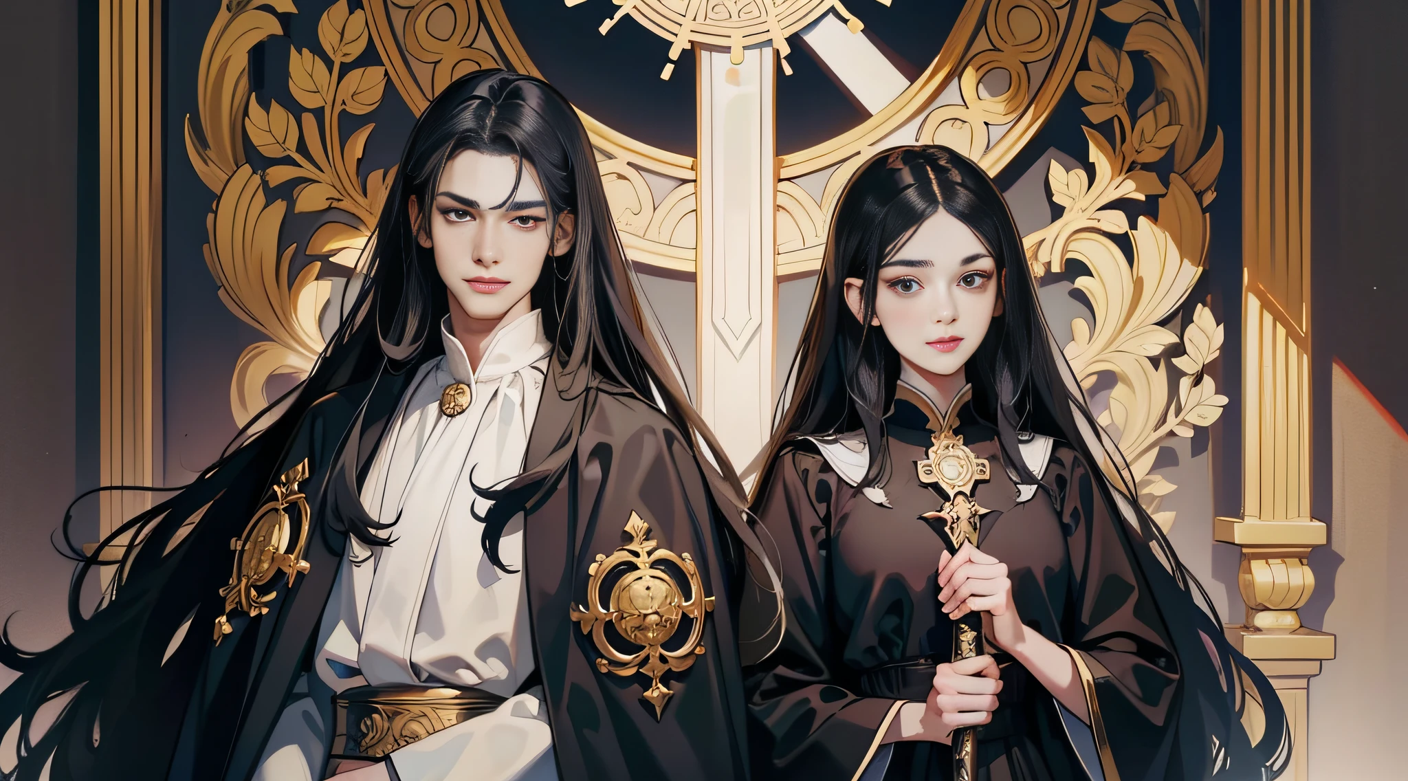 Mankhwa people,Black color hair,Black eyes,Gorgeous priest-like white and gold Victorian robes,Holding a sword in hand,Gorgeous room background,tmasterpiece,best qualtiy,Do not show your hands,Upper body bust