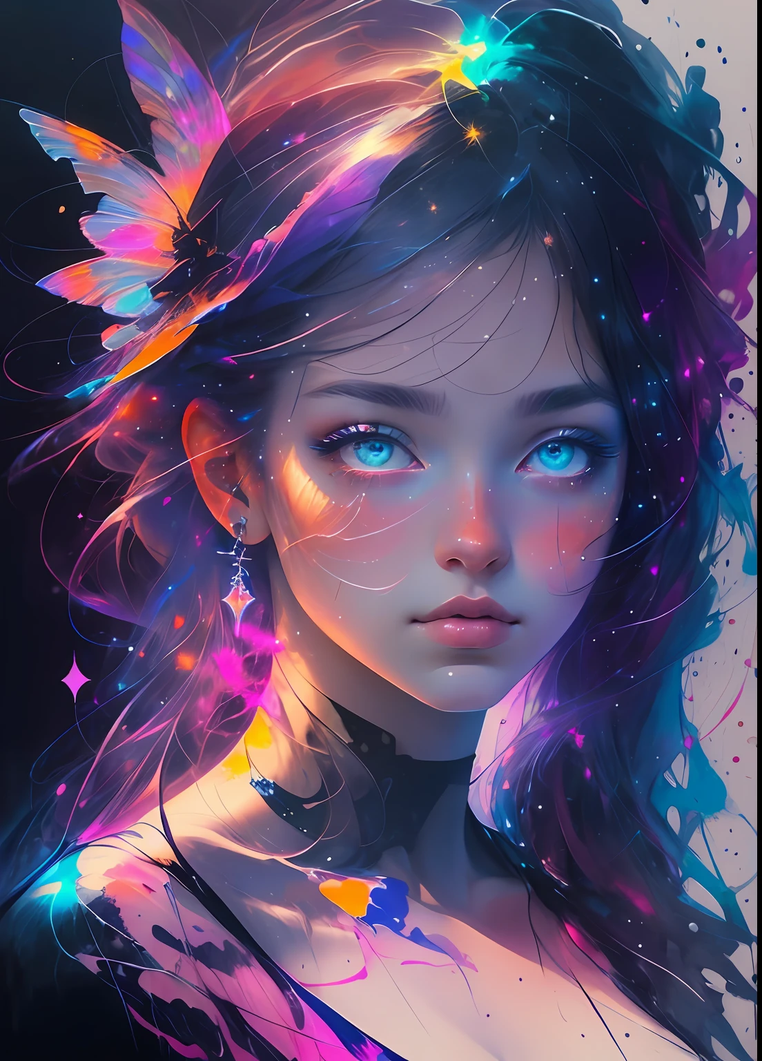 This is a dreamy and ethereal image. Generate a whimsical and strong queen by Agnes Cecile with beautifully detailed and realistic eyes. Include ink drips and fairy lights. The colors used should be soft and pastel except for her eyes, which should be bold and realistically shaded. Include luminous, glitter, shimmer, and intricate detailing. This is a high quality image from world-class artist agnes cecile. ((masterpiece))