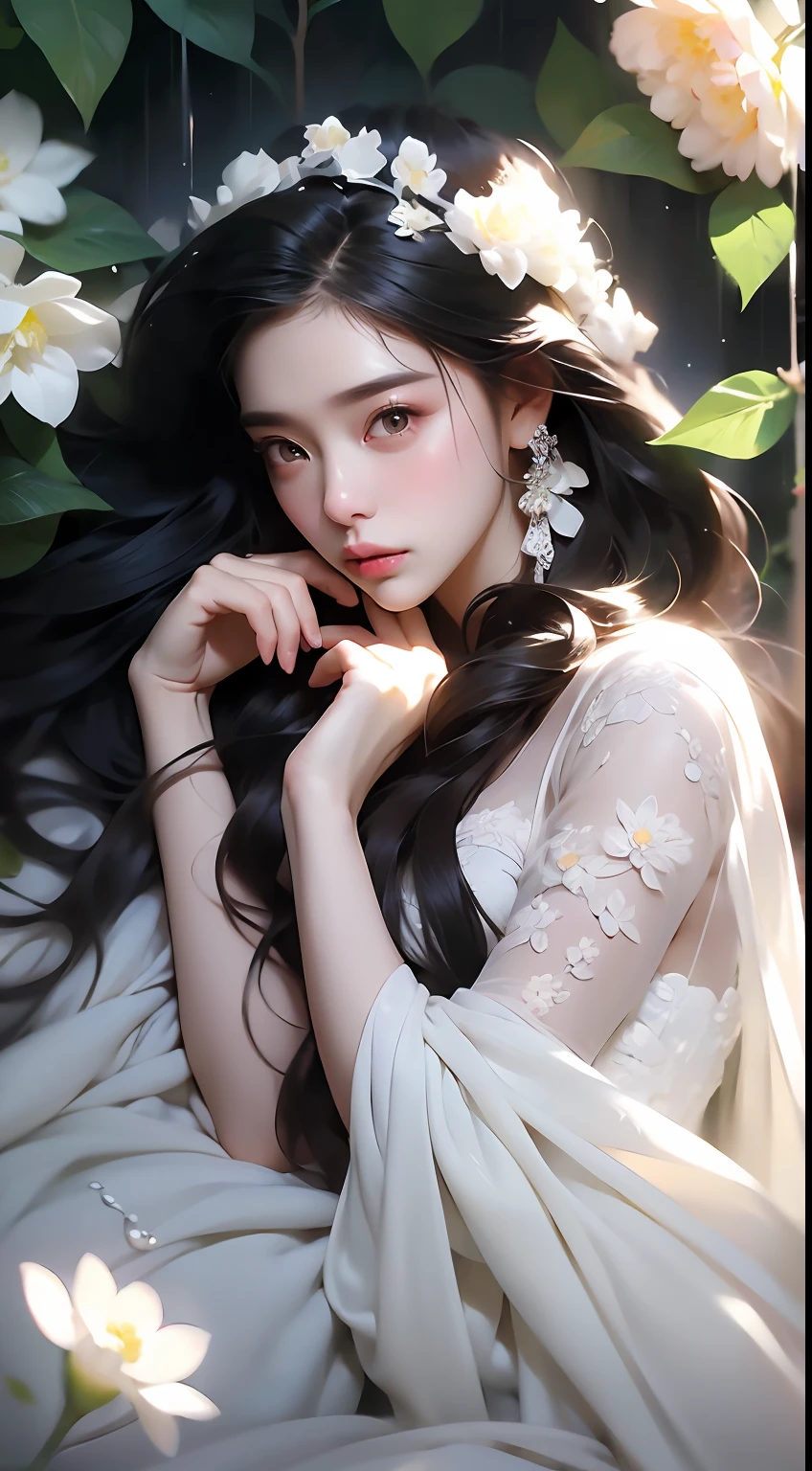 1 girl, full body photo, black hair, flowing hair, hazy beauty, extremely beautiful facial features, white embroidered dress, hairpins on her head, lying in a flower bush, hand dragging chin, perfect hand, white flower, (spring, rainy day, terraces, mountains), simple vector art, contemporary Chinese art, soft light, entangled scarf, overlook