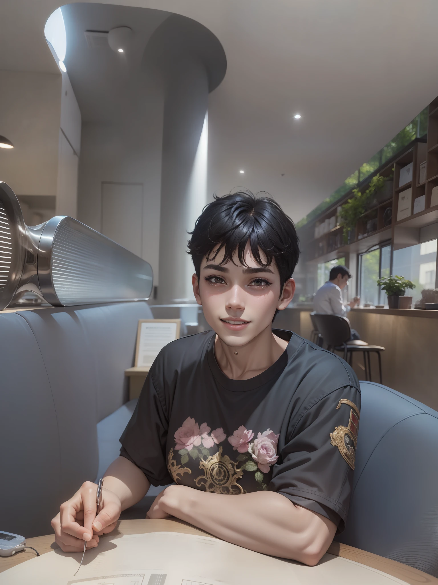 A boy,exquisite facial features,Realiy,creampie,Black hair, jitome, fake smile, happy tears, Earphone, Short hair, Shiny hair, surrealism, High detail, anime big breast, Rococo style, Depth of field, Ray tracing, Fuji colors, f/1.8, 35mm, Nikon, Close-up, projected inset, 8K, Super detail, hyper HD, retinas, Masterpiece, ccurate, Anatomically correct, Textured skin, Super detail, High details, High quality, Award-Awarded, Best quality, A high resolution, 16k