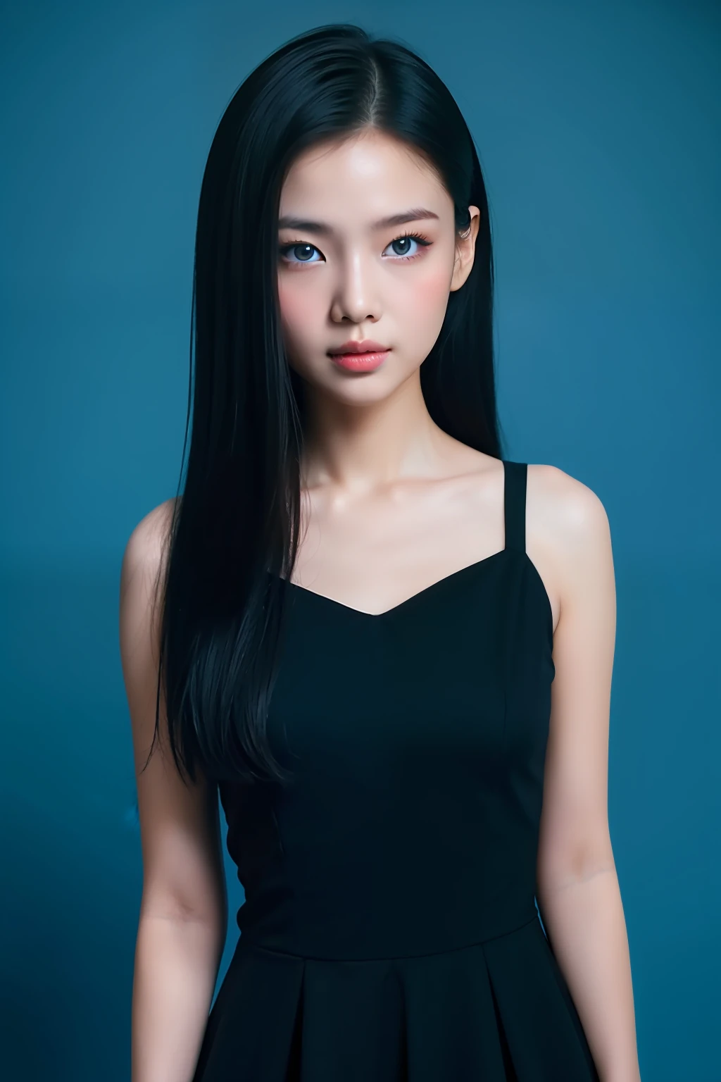 Image photo of a girl，Asian girls，Black dress,Subtle monochromatic tones，Pure color, Classic Academy solid blue background, Commercial images， professional portrait，k hd，max detail，8K