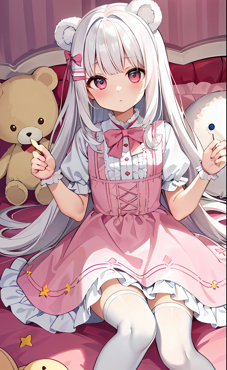(bit girl:1.2, long  white hair, pinkdress, white stockings, Cute little hairpin, largeeyes, get down on the bed, Pink room, Place the bear doll at the head of the bed, As estrelas, themoon)