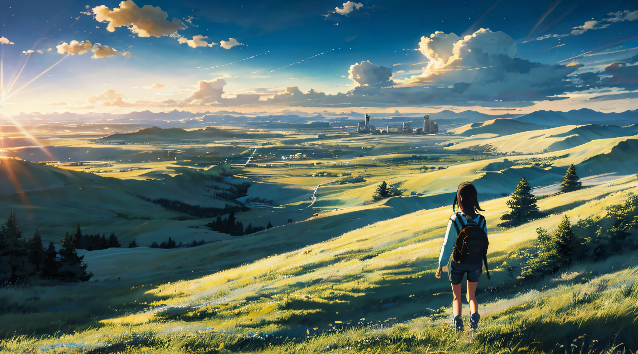 The vast sky, beautiful skyline, large grasslands, extremely tense and dramatic pictures, moving visual effects, the high-hanging Polaris, and colorful natural light. A girl with a long-sleeved top, denim shorts, and a backpack on her back. There are Russian buildings on the ground not far away.