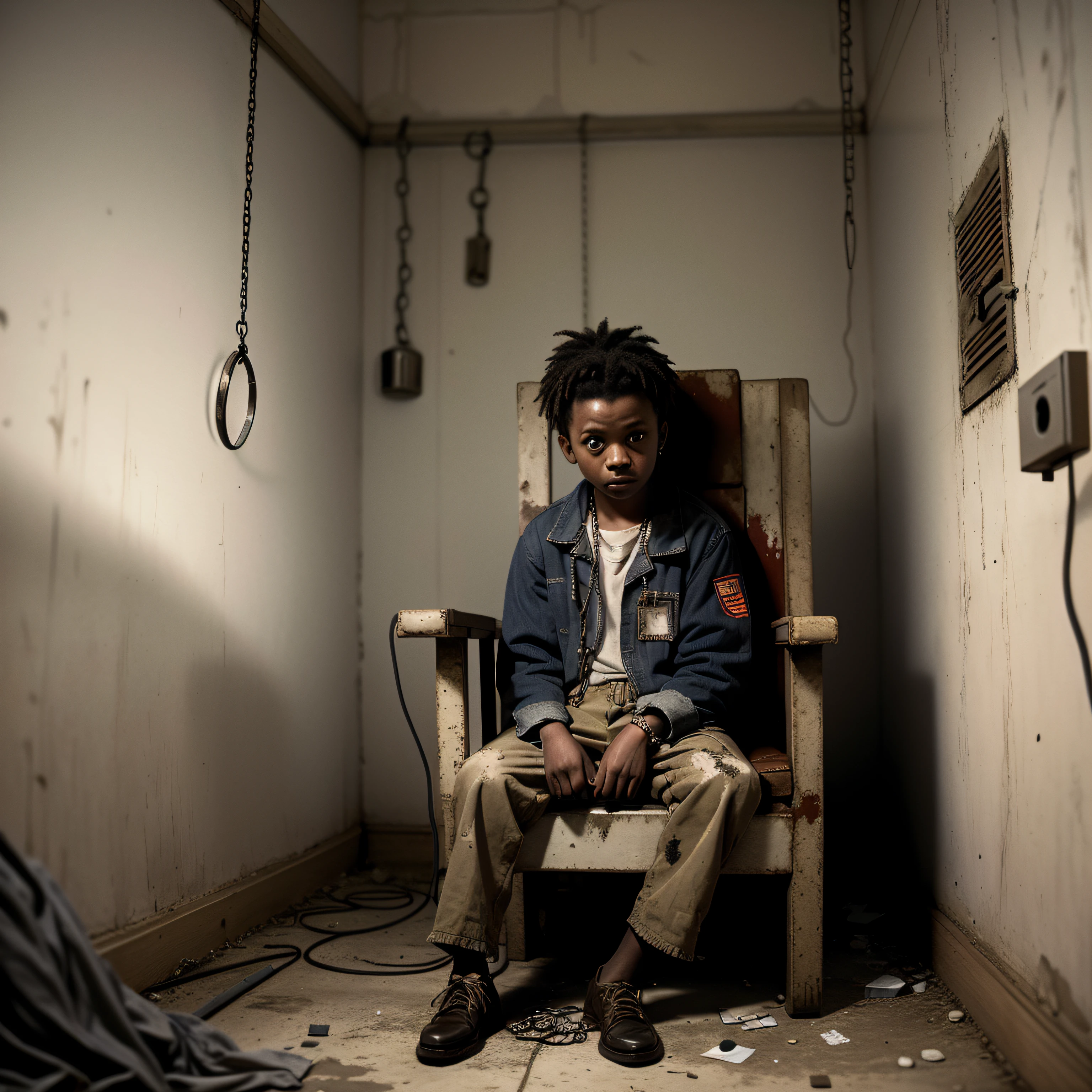 there is a man sitting in a chair in a room, sitting in a dark cell, with blood on the floor, chains on his arm, no T-shirt, sitting in a prison, in a prison cell, in a small prison cell, by Dietmar Damerau, imprisoned backstage, standing in a cell, inspired by Gordon Parks, by Etienne Delessert, Brad Holland's dramatic portrait of namenlos.