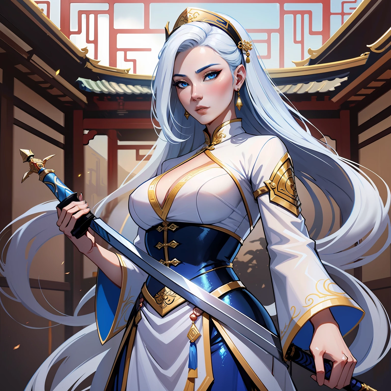 a close up of a woman in her 30's, with blue eyes and white hair, wearing a white and blue ball gown dress, a heroine with blue eyes, martial artist holding a sword, standing in a chinese temple, new costume concept design, in the style of blade and soul, full body character concept, detailed character design, inspired by Yang Jin, inspired by Li Mei-Shu, chinese costume, inspired by Lan Ying, inspired by Sim Sa-Jeong, inspired by Li Tang, lunar themed attire, costume with blue accents, inspired by Ju Lian, colored concept art, highly detailed character design, highly detailed face, inspired by Ai Xuan, very highly detailed face, unreal engine render, final fantasy 14 style, inspired by Leng Mei