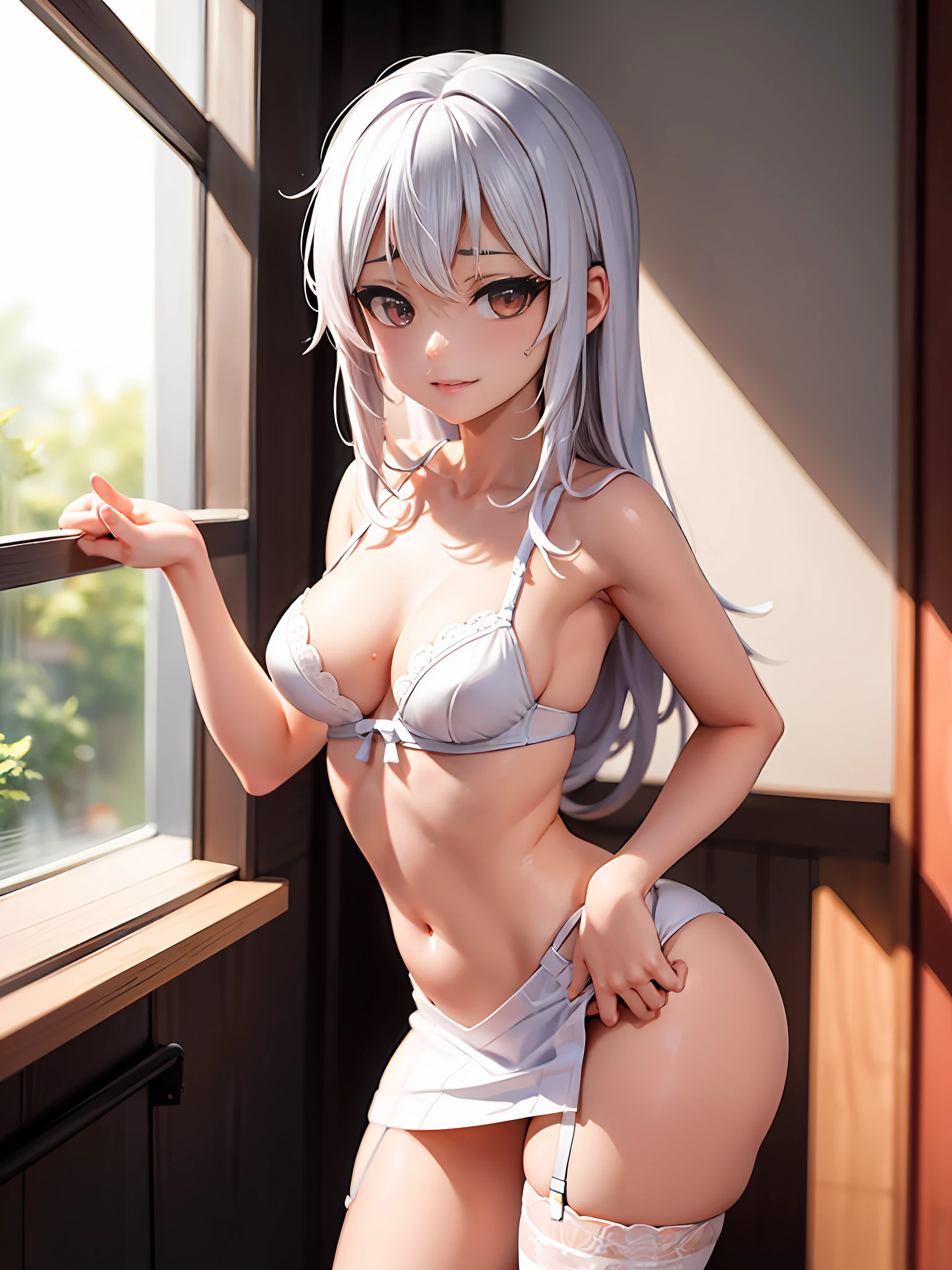 Anime girl with sexy lingerie posing by a window, small curvy loli, seductora chica de anime, Thicc, [ Arte digital 4K ]!!, OPPAI, Anime CG arte suave, Loli en vestido, Anime Moe Artstyle, pecho esponjoso, Atractiva chica de anime, pechos grandes!, Mejor valorado en Pixiv, Guweiz, (SFW) Seguro para el trabajo