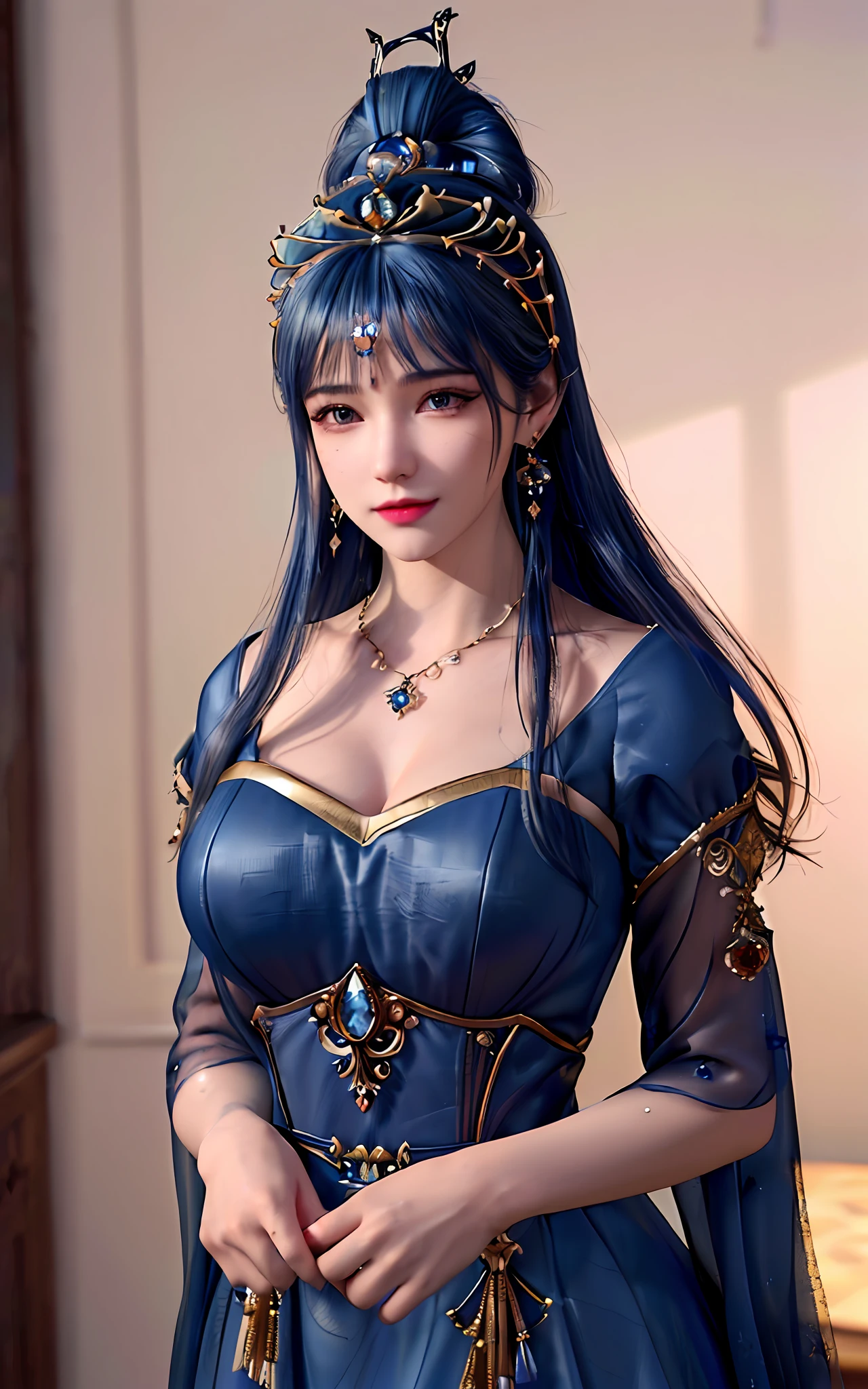 ((realisticity: 1.2)), ((best resolution: 8K UHD)), best quality,masterpiece,highres,cg,
((1 super detailed and super realistic girl)), ((very beautiful queen dazzling, super realistic, and super detailed)), long hair, ((super realistic and super detailed dress)), solo, ((super realistic, super beautiful, gorgeous and super detailed jewelry)), ((super beautiful, super realistic and super detailed dark blue and golden yellow dress)),
((super beautiful, super realistic, super detailed diamond filled earrings)),
  ((super beautiful, super realistic and super detailed diamond filled hair ornament)), ((super beautiful upper body, super beautiful, super realistic and super detailed)), ((big breasts: 2.5)), 
((super grand, super realistic and super detailed royal palace backgroun))
((super beautiful, super beautiful, super realistic and super detailed hair bun)), ((super beautiful, super realistic and super detailed blue hair)),
candid, Photograph, high resolution, 8k,Bokeh,