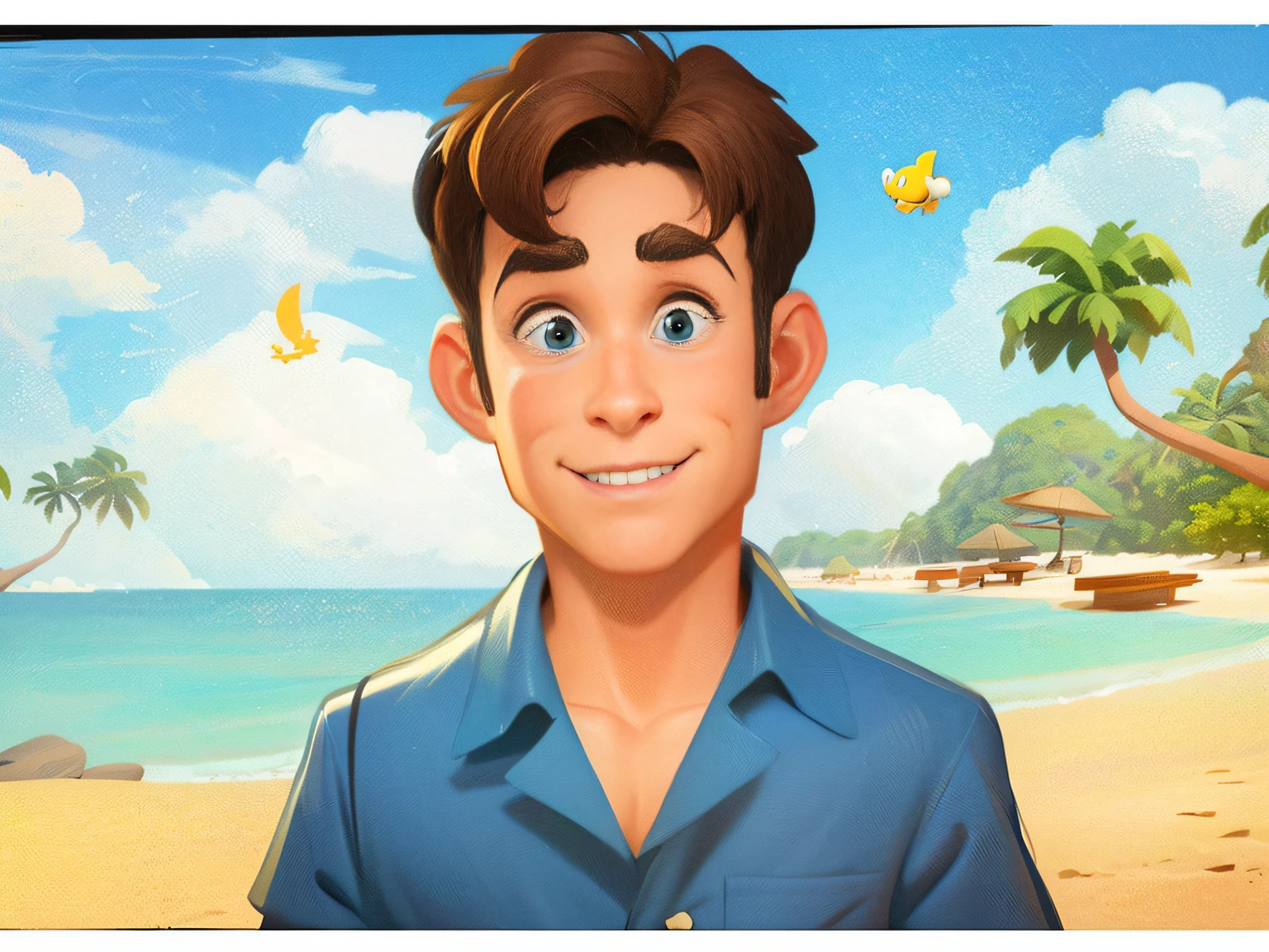 Caricature of a man in a blue shirt standing on the beach, greg ], Official illustration, Inspired by John Luke, Cover brush Miki, offcial art, preston blair, inspired by Adam Dario Keel, Inspired by Lucas Vorstmann, concept art of single boy, cartoon digital painting, Inspired by Ryan Penn Coast, official character illustration, Mobile game art