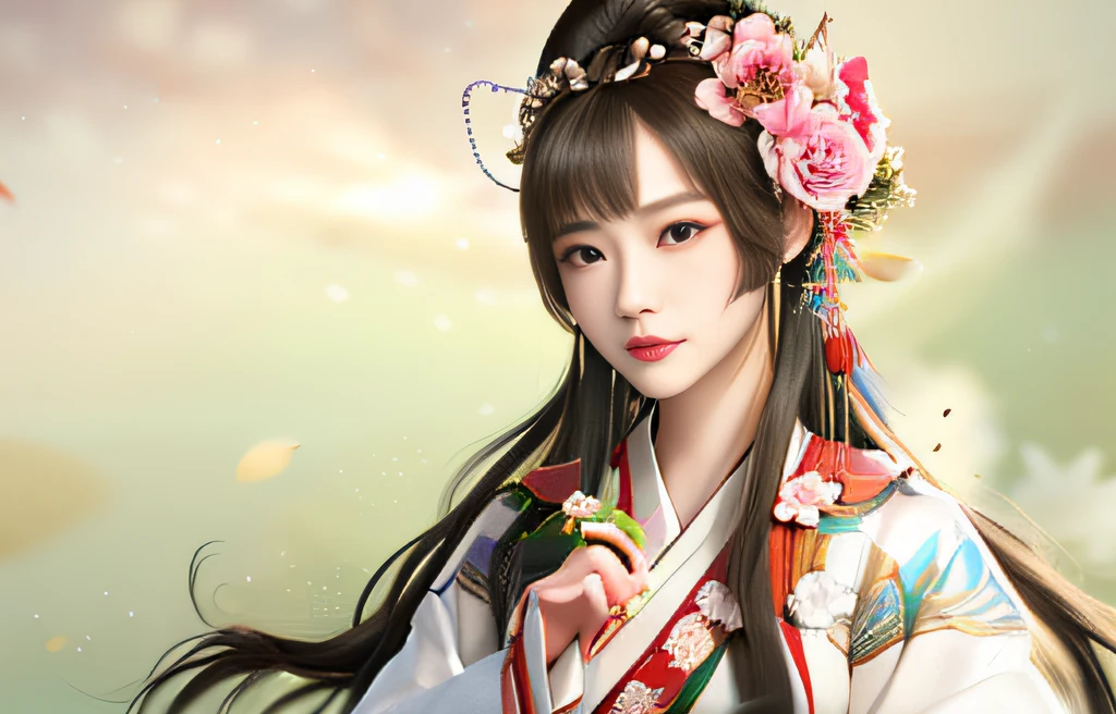 A woman in a kimono dress holds a flower in her hand, Princesa chinesa antiga, China Princess, ancient asian dynasty princess, inspired by Li Mei-shu, ancient chinese beauti, Beautiful rendering of the Tang Dynasty, inspired by Du Qiong, Chinese girl, chinese empress, a beautiful fantasy empress, Inspired by Lan Ying, Palace ， A girl in Hanfu, an ancient Chinese goddess