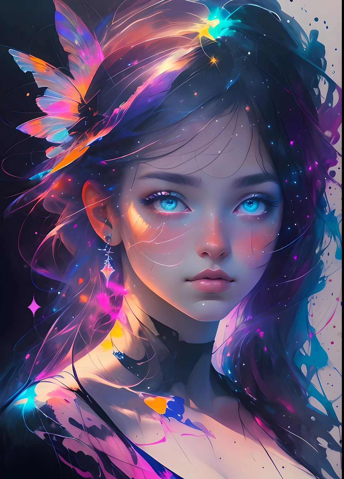This is a dreamy and ethereal image. Generate a whimsical and strong queen by Agnes Cecile with beautifully detailed and realistic eyes. Include ink drips and fairy lights. The colors used should be soft and pastel except for her eyes, which should be bold and realistically shaded. Include luminous, glitter, shimmer, and intricate detailing. This is a high quality image from world-class artist agnes cecile. ((masterpiece))