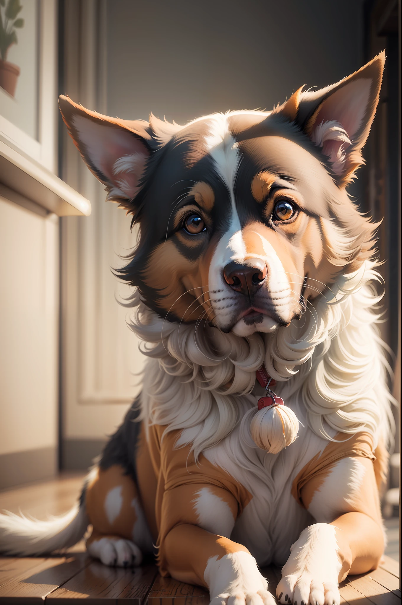 dog colie, colorful, vintage style, (t-shirt design), realistic volumetric light of masterpiece