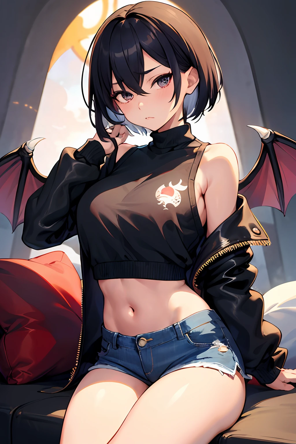 masterpiece、hightquality、1girl in、独奏、middlebreast、short-hair、(hair between eye)、(00BFFE Pixie Cut)、bat wings、Disappointed face、(Embroidered sweaters、Cropped flared jeans、Leather Blazer)、White hair