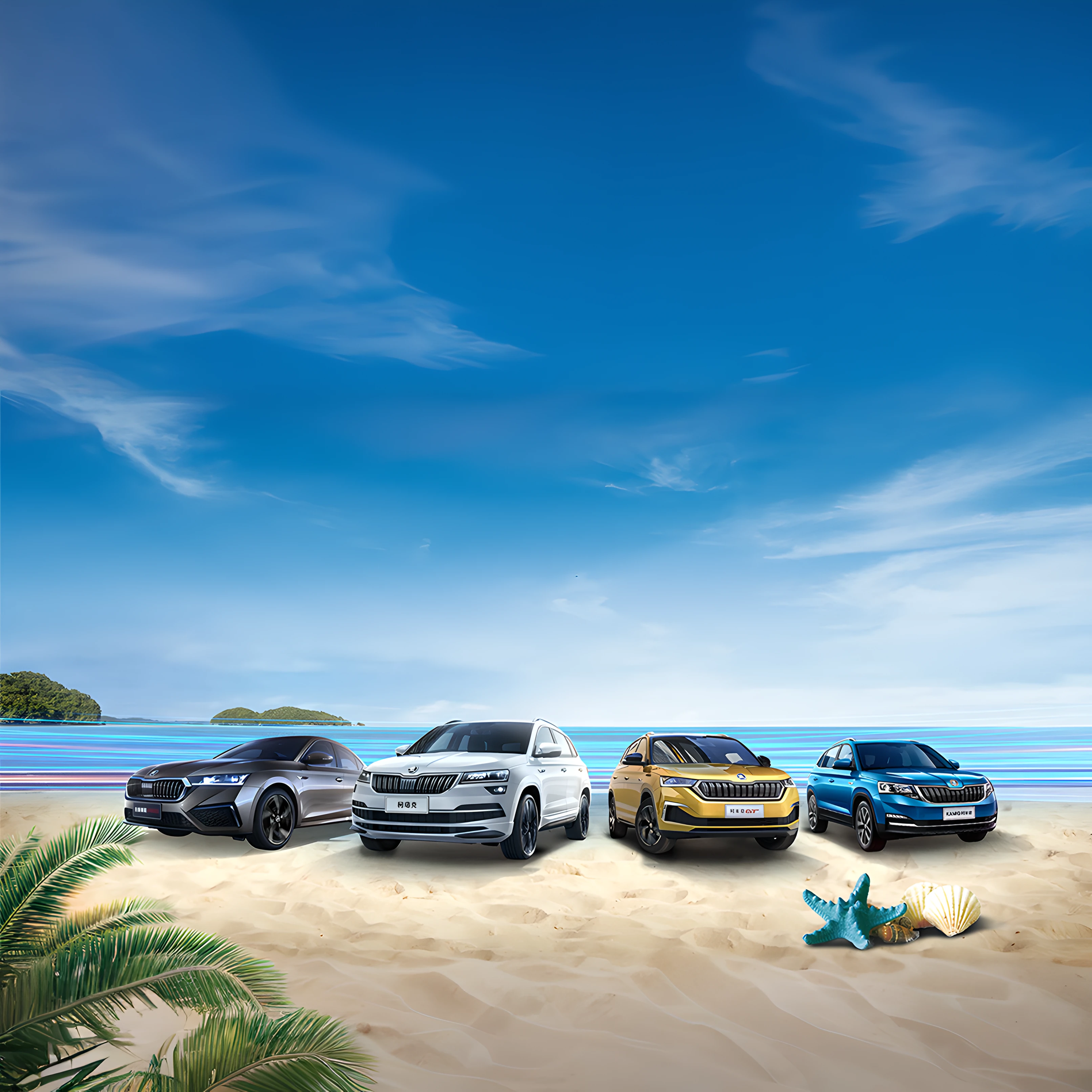 Three cars parked on the beach，There is a bird on the beach, Seaside, new design, 6k, 4 ), 9 k, 9K, 🤬 🤮 💕 🎀, subtle detailing, Summer, super realistic”, Showcase, sweden, Fine Texas, Skilled, promo image, wētā fx, ultra realistic”, ultra realistic”, Online