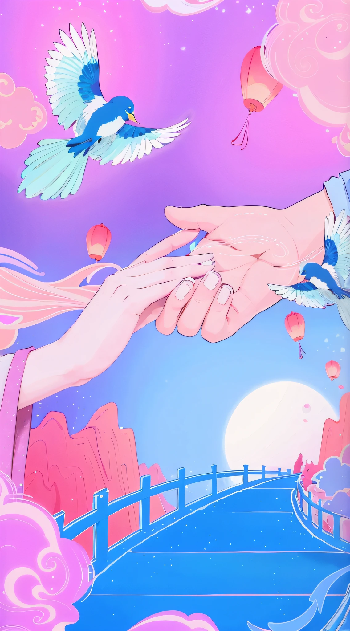 Someone handed the bird to a person's hand, dreamlike illustration, A beautiful artwork illustration, hand painted cartoon art style, blurry and dreamy illustration, dreamy psychedelic anime, holding hands in the moonlight, colorful flat surreal ethereal, in style of digital illustration, background artwork, concept art of love, take hand, blurry and dreamy illustration, Colorful illustration, Holding hands