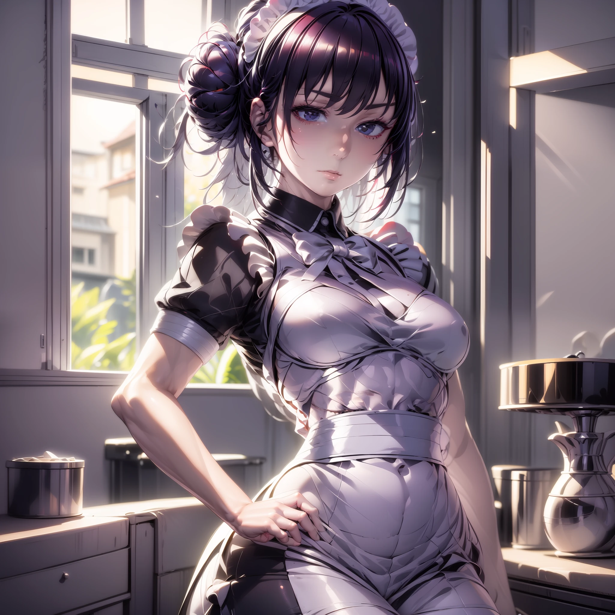 1girl, maid, solo, black hair, hands on hips, apron, maid headdress, single hair bun, black eyes, hair bun, looking at viewer, maid apron, emotionless, narberal_gamma, highres, sharp focus, pixiv masterpiece, ((intricate details)), highly detailed,