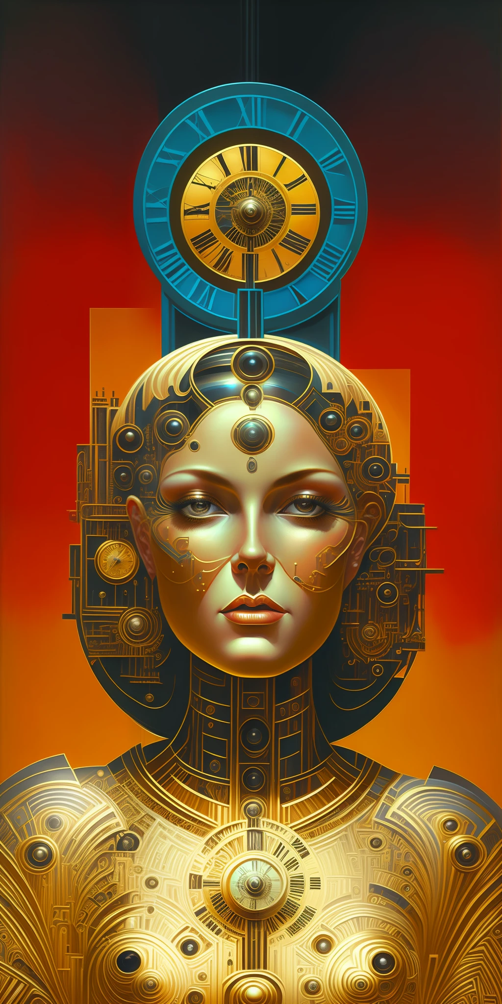 painting of a woman with a clock on her head and a man on a horse, inspired by Vladimir Tretchikoff, portrait of a cyborg queen, portrait of a female android, inspired by Earle Bergey, clockwork woman, by Wayne England, inspired by Barclay Shaw, by Vladimir Tretchikoff, by Jason Benjamin, by Galen Dara