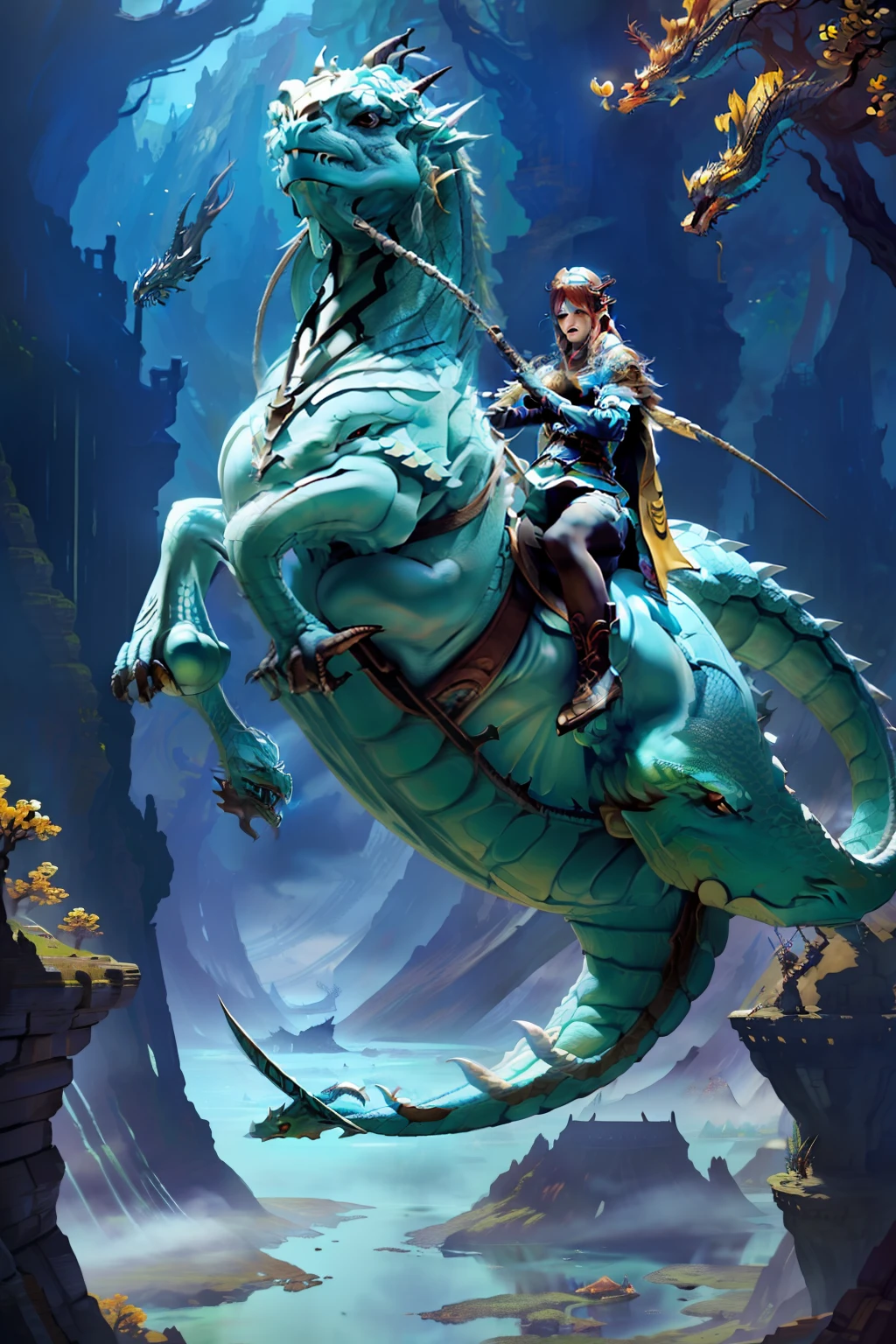 there is a man riding a dragon in the water, dragon rider, cyan chinese dragon fantasy, riding a dragon, epic fantasy digital art style, d & d fantasy digital painting, dragon knight, fat dragon with rider, 4k fantasy art, water dragon, fantasy art behance, d & d fantasy digital art, dungeons and dragons fantasy art, epic fantasy art style