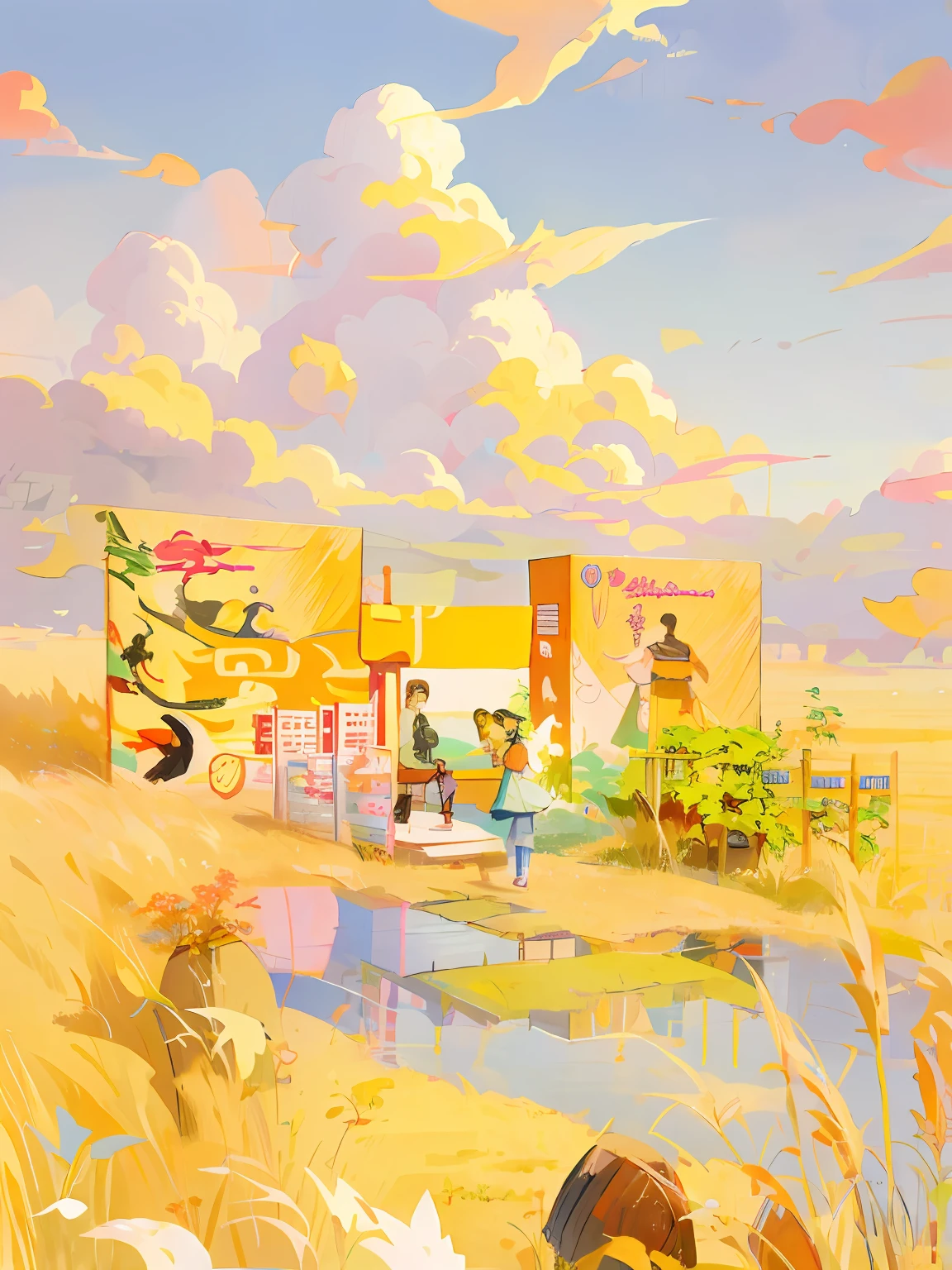 There is a painting，The painting shows a man standing in a field, Studio Ghibli color cut plum, japanese collection product, Loli, studio packshot, su fu, yellow battlefield theme, inspired by Sun Kehong, Lu Ji, inspired by Yoshio Markino, inspired by Kubisi art, by Chizuko Yoshida, komono, Eiichiro Oda