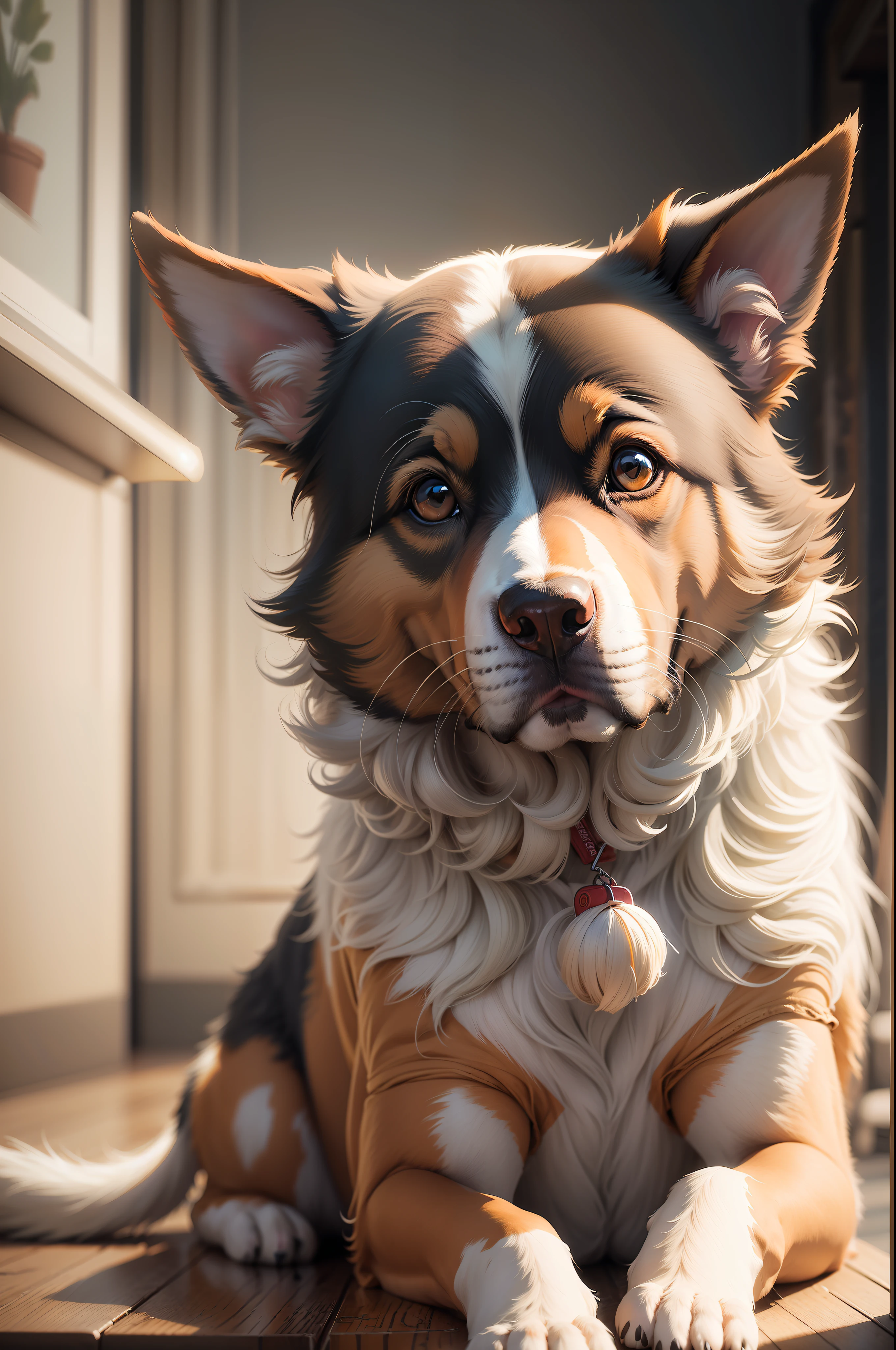 dog colie, colorful, vintage style, (t-shirt design), realistic volumetric light of masterpiece