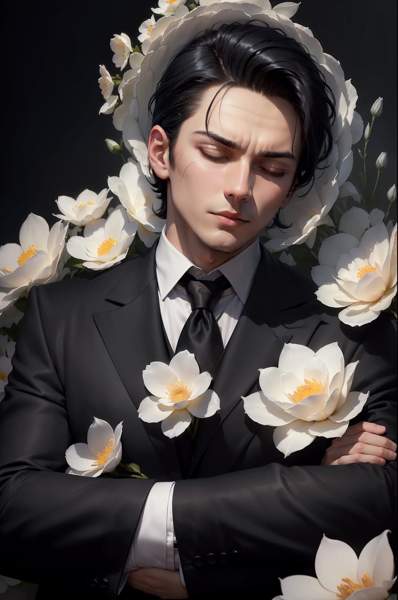 ((dark background, mysterious atmosphere, weak lighting)), ((a man is sleeping)), ((eyes closed)), ((good anatomy)), ((looking at viewer)), ((uppon angle)), ((detailed face)), ((slicked back black hair)), ((wear formal)), ((white skin)), ((20-aged young man)), ((majestically handsome face)), ((white flowers around body)), ((hands on chest)), 4k, high quality, intricate
