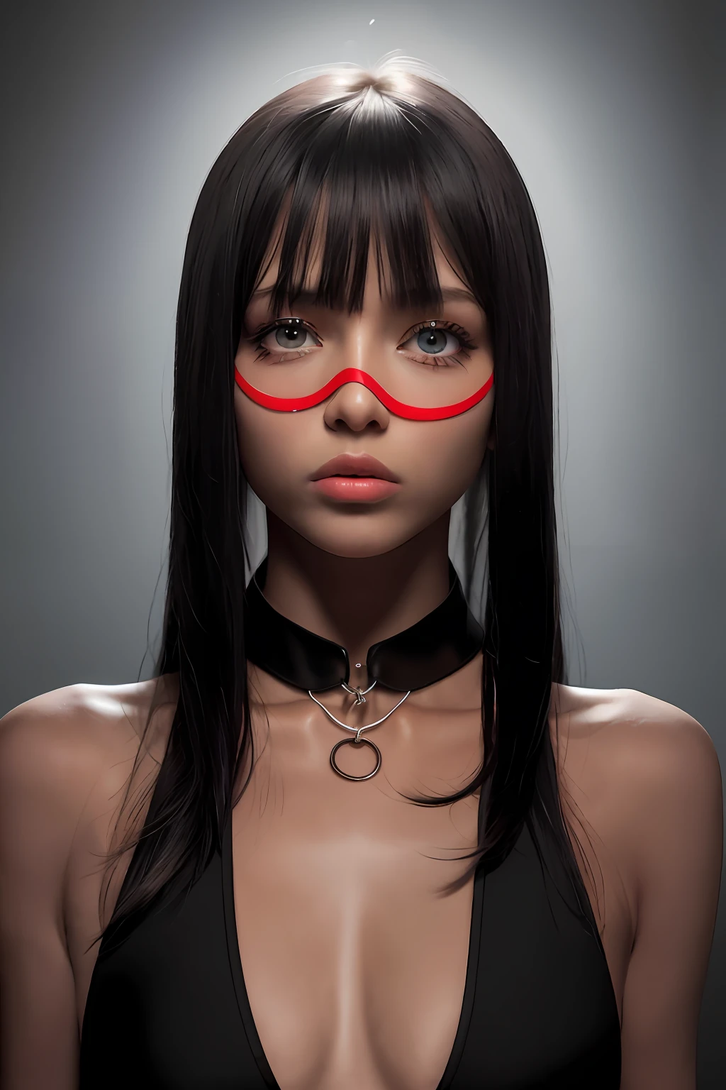 tmasterpiece，best qualtiy，（Dark photograph：1.3），realisticlying，1girll，Flat bangs，stunning innocent symmetry face，Bikini hole，Stick out your tongue，Collar，Chained，The red rope is tight，ulzzangs，（PureErosFace_V1：0.7），Realistic skin details，