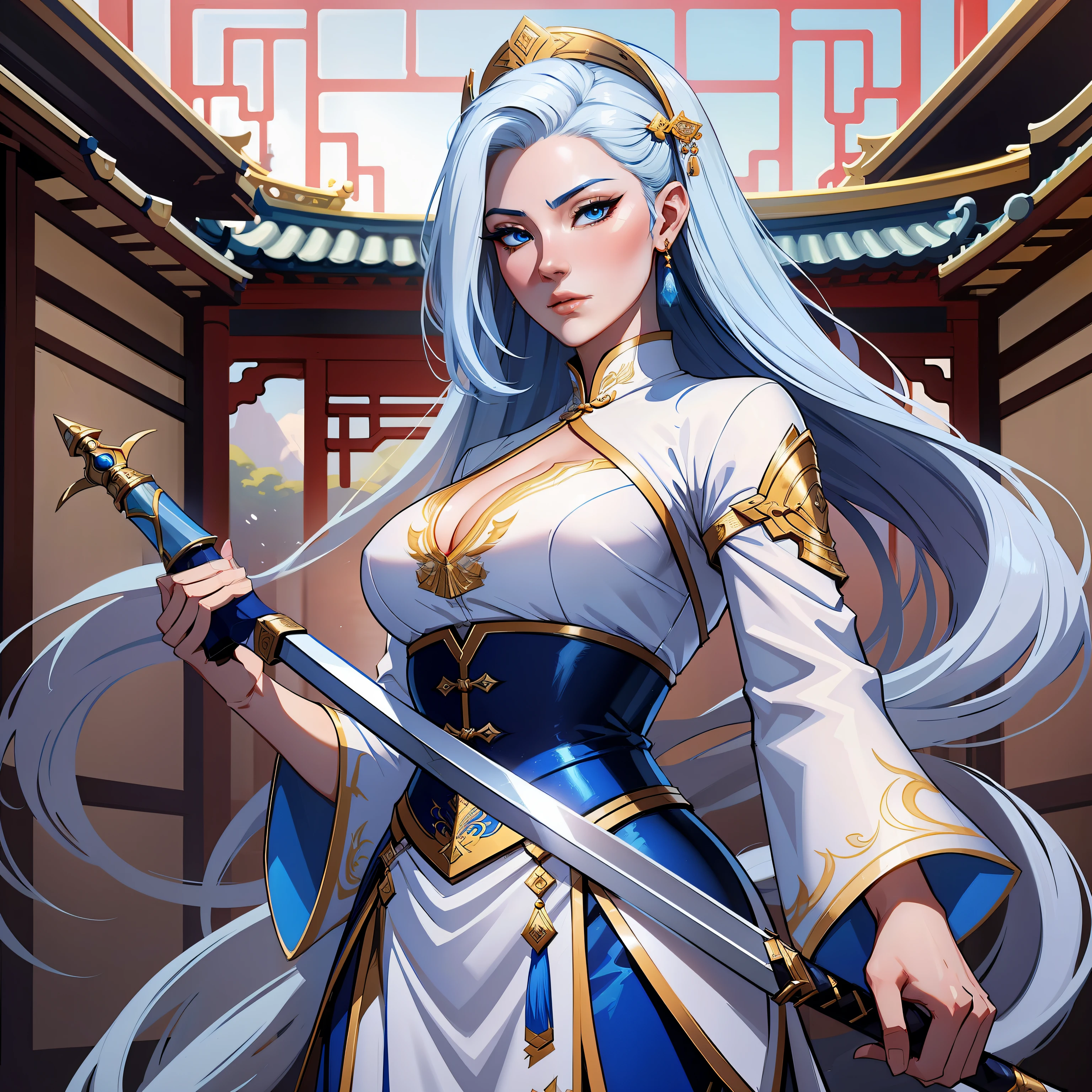a close up of a woman in her 30's, with blue eyes and white hair, wearing a white and blue ball gown dress, a heroine with blue eyes, martial artist holding a sword, standing in a chinese temple, new costume concept design, in the style of blade and soul, full body character concept, detailed character design, inspired by Yang Jin, inspired by Li Mei-Shu, chinese costume, inspired by Lan Ying, inspired by Sim Sa-Jeong, inspired by Li Tang, lunar themed attire, costume with blue accents, inspired by Ju Lian, colored concept art, highly detailed character design, highly detailed face, inspired by Ai Xuan, very highly detailed face, unreal engine render, final fantasy 14 style, inspired by Leng Mei