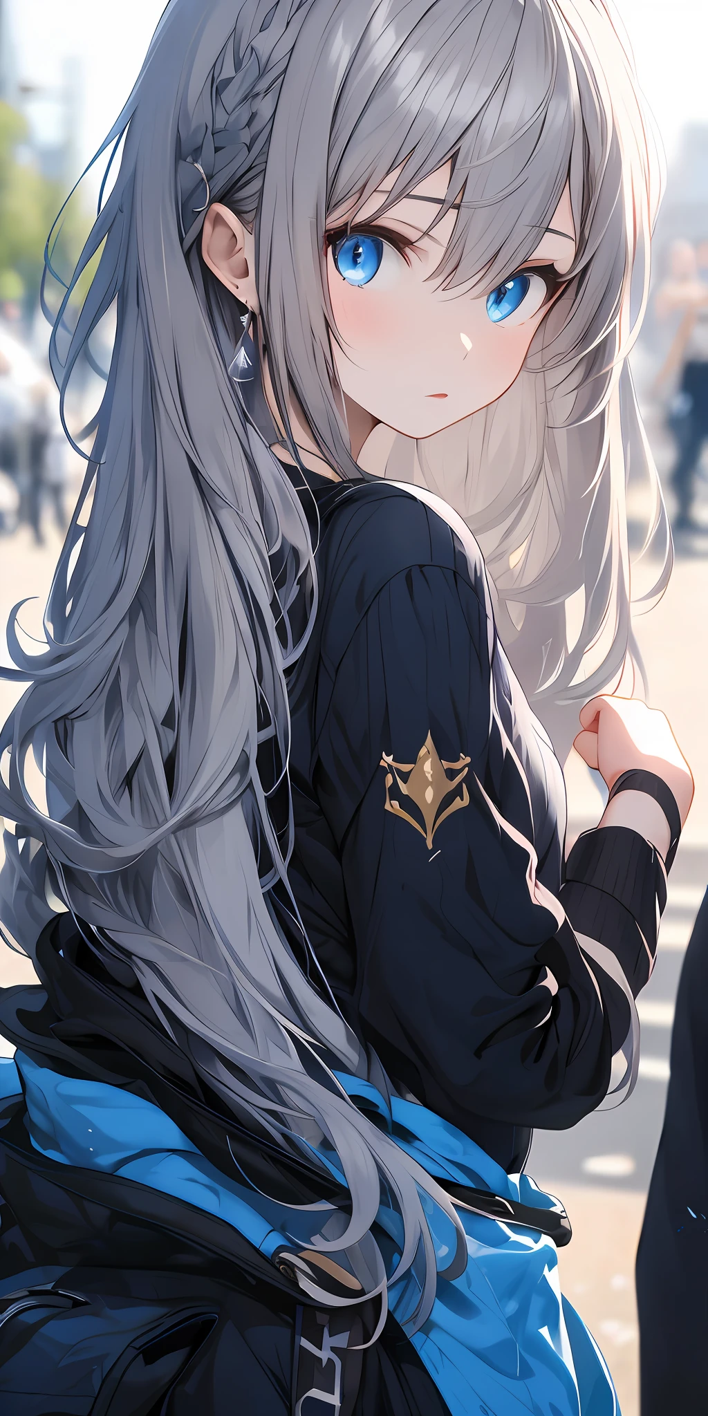 1girl, (solo:1.2), ((masterpiece)), (shadow), [slim], (small breasts), pale skin, ((detailed eyes)), (background blur), (dynamic angle), dynamic pose, looking back, exterior, silver hair, blue eyes