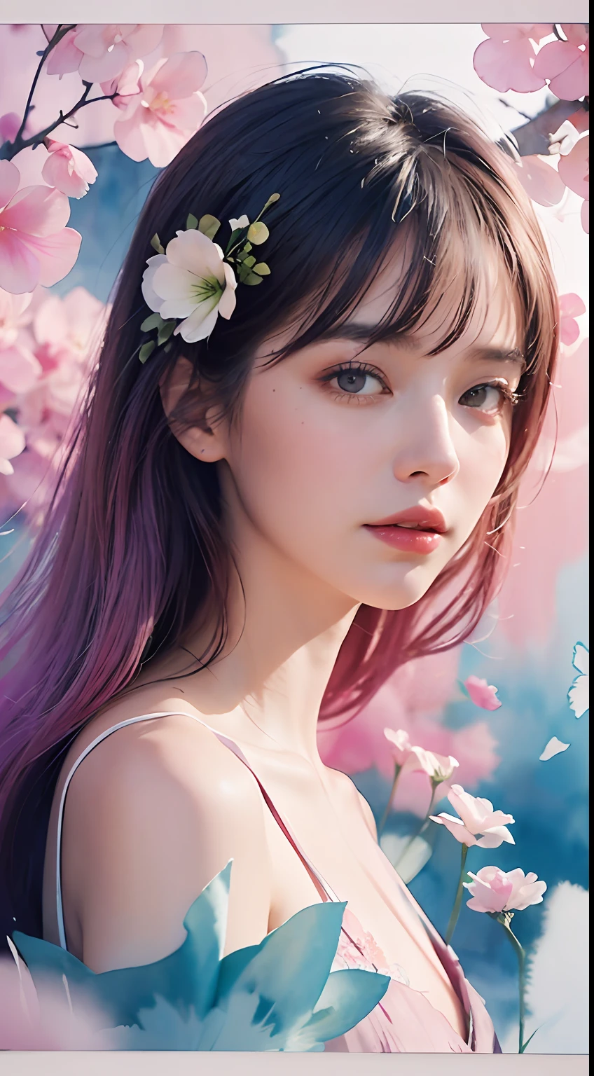 1girl,flower, Lisianthus ,in the style of light pink and light azure, dreamy and romantic compositions, pale pink, ethereal foliage, playful arrangements,fantasy, high contrast, ink strokes, explosions, over exposure, purple and red tone impression , abstract, ((watercolor painting by John Berkey and Jeremy Mann )) brush strokes, negative space,