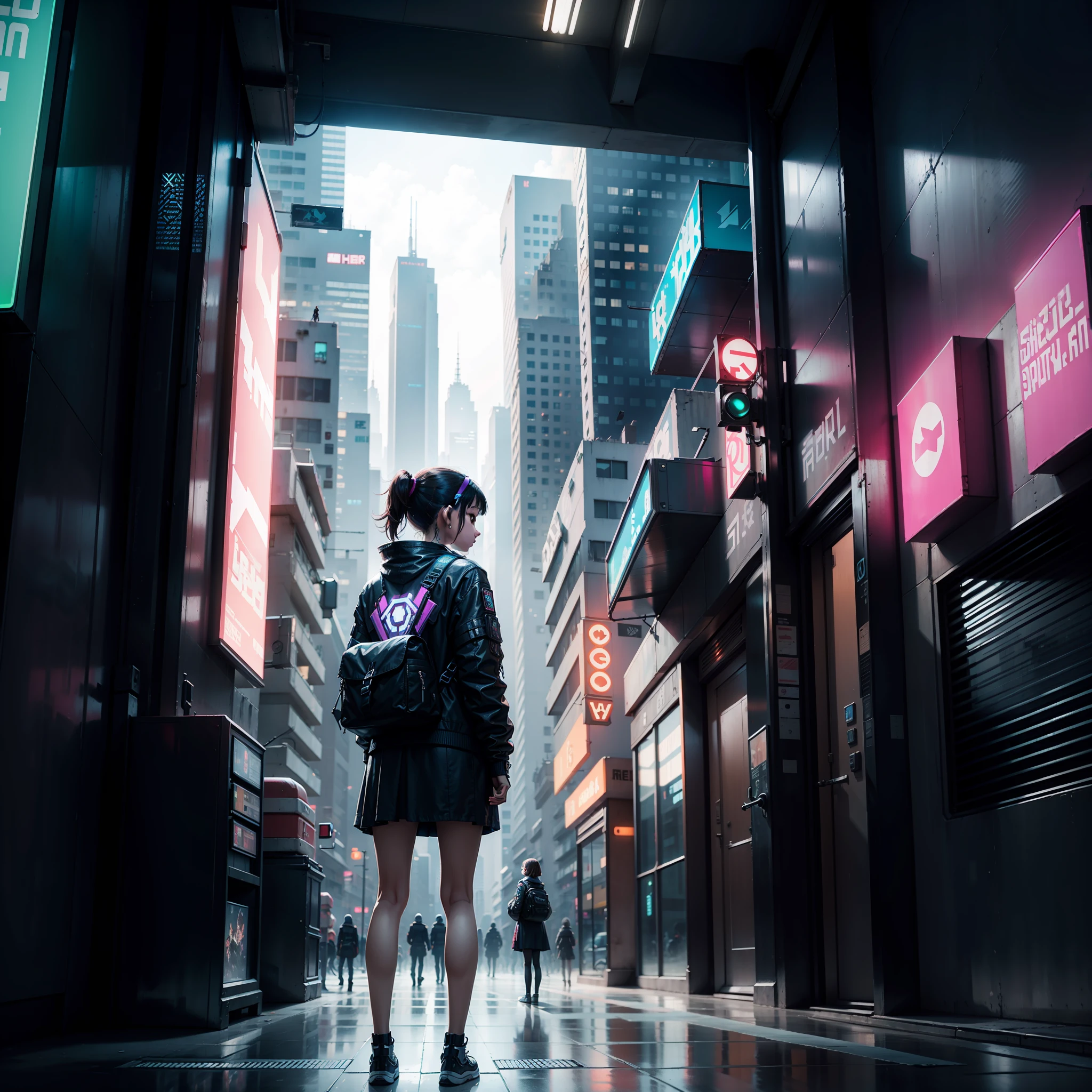 A girl wearing JK，Stand in an endless cyberpunk city，As if waiting for something