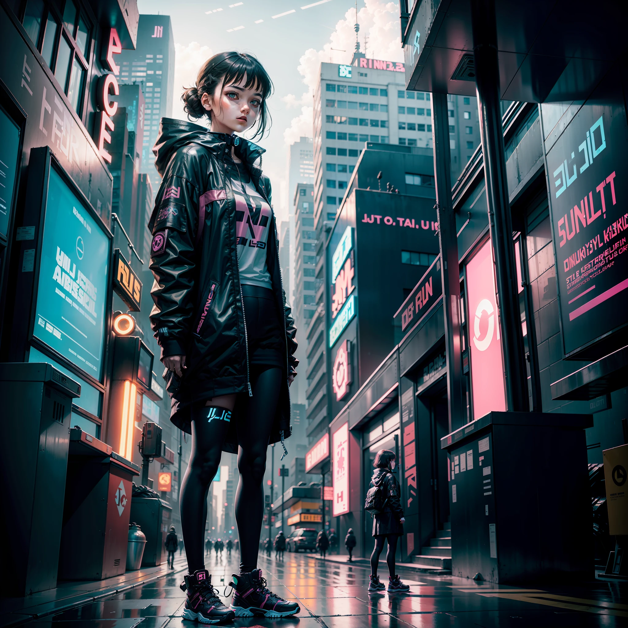 A girl wearing JK,Stand in an endless cyberpunk city,As if waiting for something