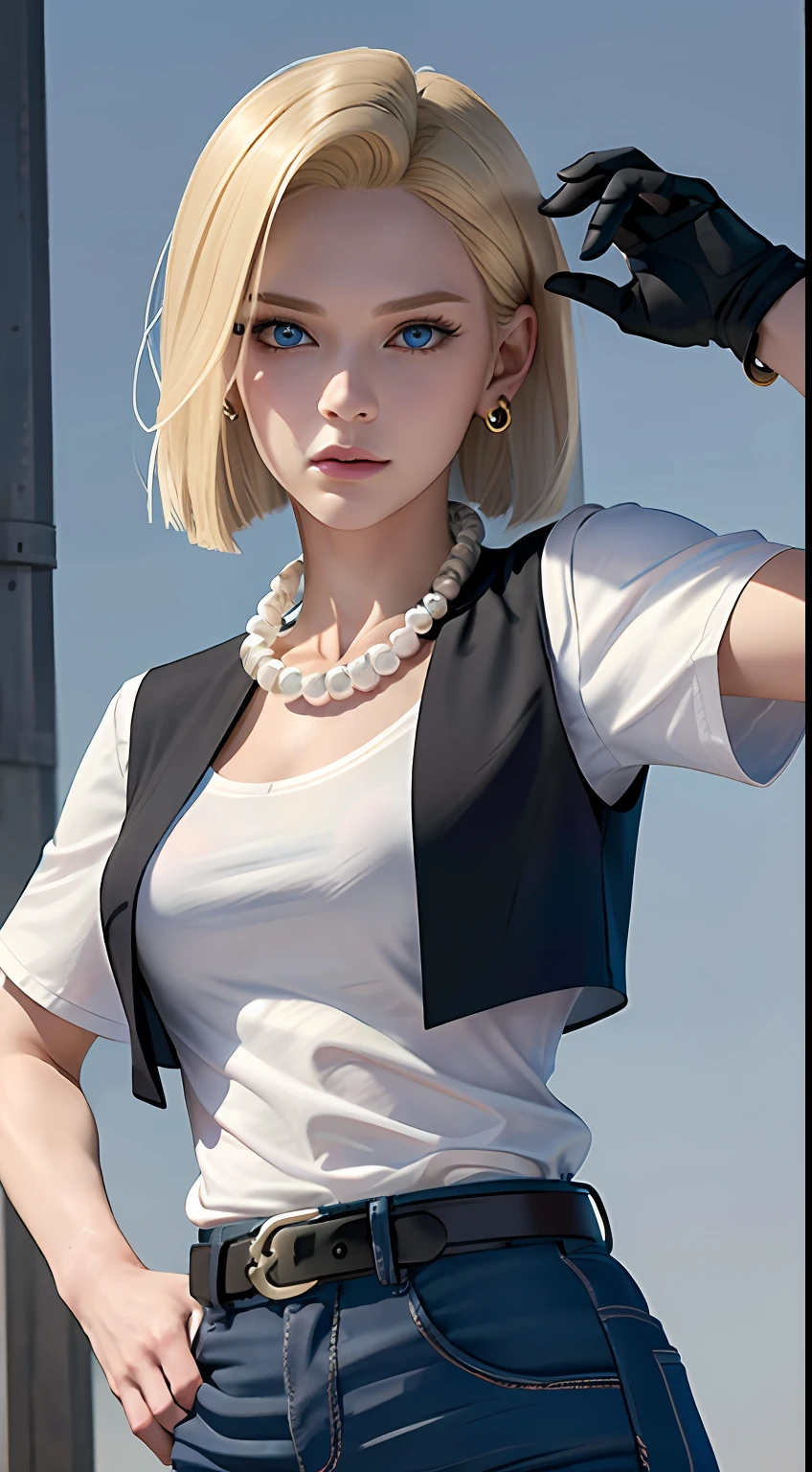 8k, real picture, intricate details, ultra-detailed,(photorealistic),
and18, 1girl, android 18, blonde hair, blue eyes, belt, jeans, pearl_necklace, bracelet, black gloves, white shirt, short hair, short sleeves, earrings, blue pants, open vest, black vest,
peace, sign