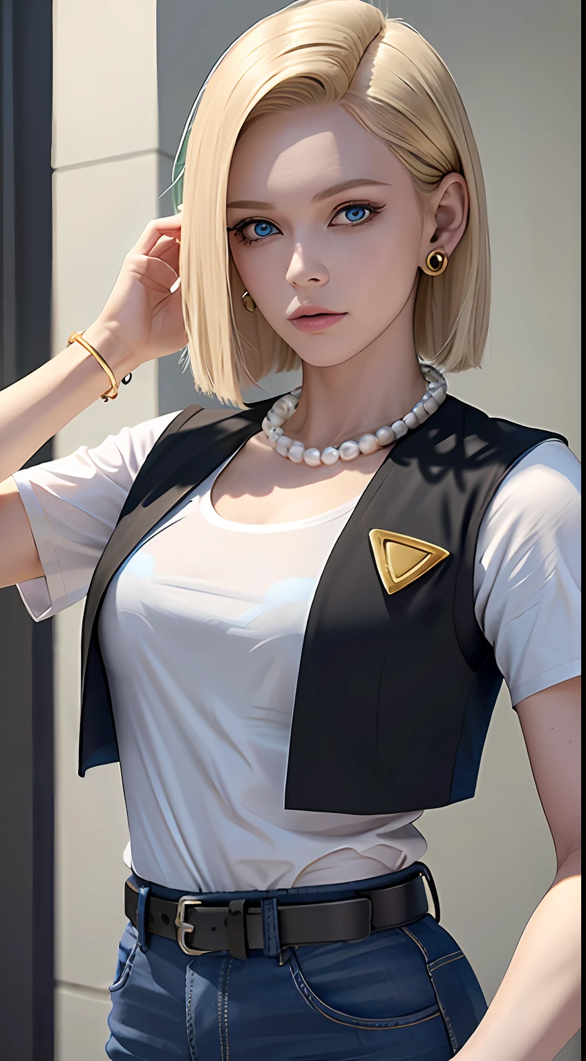 8k, real picture, intricate details, ultra-detailed,(photorealistic),
and18, 1girl, android 18, blonde hair, blue eyes, belt, jeans, pearl_necklace, bracelet, black gloves, white shirt, short hair, short sleeves, earrings, blue pants, open vest, black vest,
peace, sign