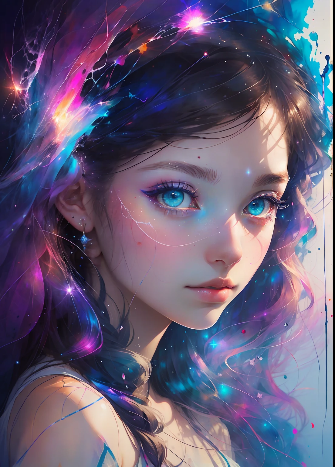 This is a dreamy and ethereal and (delicate) image. Generate a whimsical and strong queen by Agnes Cecile with beautifully detailed and realistic eyes. Include ink drips and fairy lights. The colors used should be soft and pastel except for her eyes, which should be bold and realistically shaded. Include luminous, glitter, shimmer, and intricate detailing. This is a high quality image from world-class artist agnes cecile. ((masterpiece))
