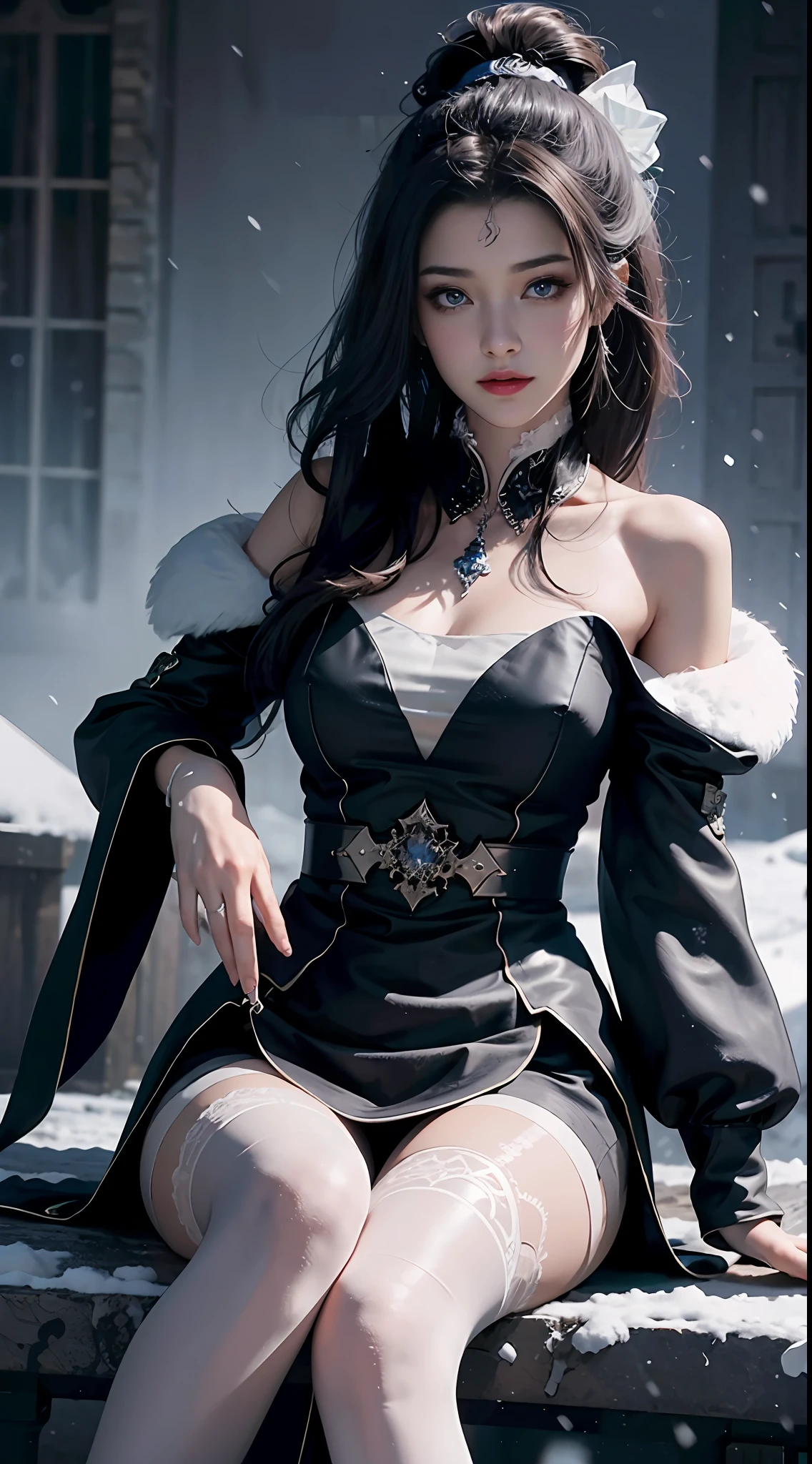 official art, Unity 8k wallpaper, a girl, most beautiful, medium breath, detailed fingers, crystallized clothes, color, black color, royal design, realistic detailed eye, dim lightning, snow falling, feeling romancing, sitting, whole body capture,
