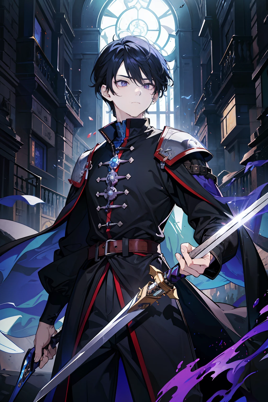 A medieval male assassin around ，Black broken hair，There are bangs on the forehead，One eye is completely light blue，One eye is completely crimson，The expression is indifferent，The eyes are fierce，He holds the hilt of a black one-handed sword in his right hand，Horizontally in front of you，The blade burned with deep purple flames，In the arena，The is very detailed，Western fantasy，full bodyesbian