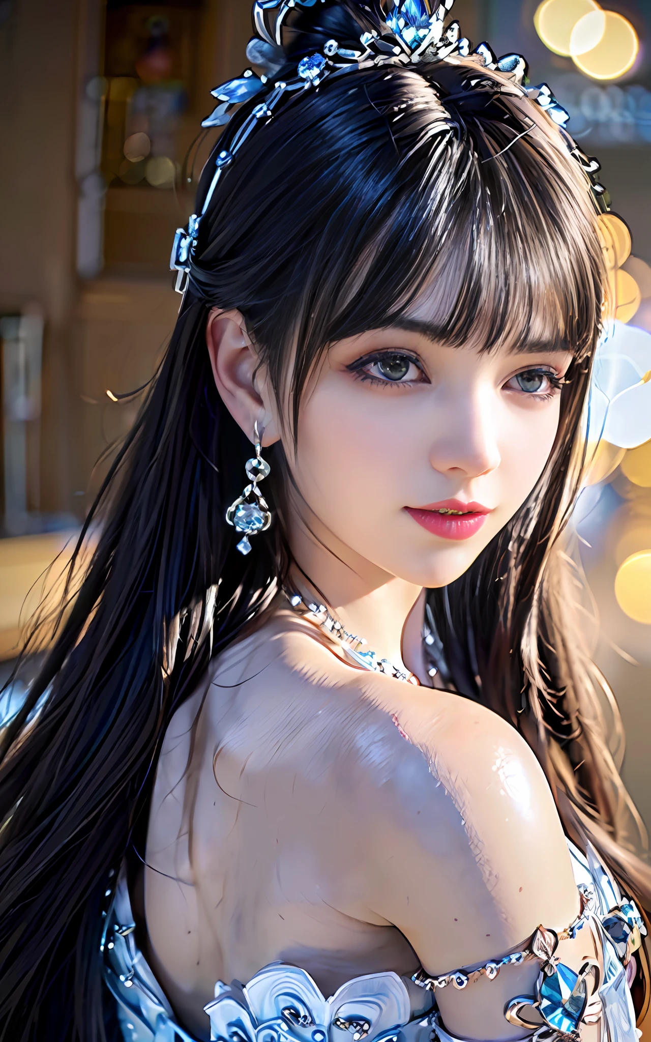 ((realisticity: 1.2)), ((best resolution: 8K UHD)), best quality,masterpiece,highres,cg,
((1 super detailed and super realistic girl)), ((very beautiful queen dazzling, super realistic, and super detailed)), long hair, ((super realistic and super detailed dress)), solo, ((super realistic, super beautiful, gorgeous and super detailed jewelry)), ((super beautiful, super realistic and super detailed dark blue and golden yellow dress)),
((super beautiful, super realistic, super detailed diamond filled earrings)),
((super beautiful, super realistic and super detailed diamond filled hair ornament)), ((super beautiful upper body, super beautiful, super realistic and super detailed)), ((big breasts: 2.5)),
((super grand, super realistic and super detailed royal palace backgroun))
((super beautiful, super beautiful, super realistic and super detailed hair bun)), ((super beautiful, super realistic and super detailed blue hair)),
candid, Photograph, high resolution, 8k,Bokeh,