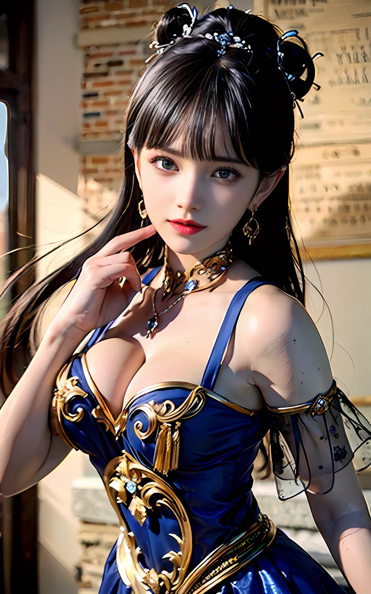 ((realisticity: 1.2)), ((best resolution: 8K UHD)), best quality,masterpiece,highres,cg,
((1 super detailed and super realistic girl)), ((very beautiful queen dazzling, super realistic, and super detailed)), long hair, ((super realistic and super detailed dress)), solo, ((super realistic, super beautiful, gorgeous and super detailed jewelry)), ((super beautiful, super realistic and super detailed dark blue and golden yellow dress)),
((super beautiful, super realistic, super detailed diamond filled earrings)),
((super beautiful, super realistic and super detailed diamond filled hair ornament)), ((super beautiful upper body, super beautiful, super realistic and super detailed)), ((big breasts: 2.5)),
((super grand, super realistic and super detailed royal palace backgroun))
((super beautiful, super beautiful, super realistic and super detailed hair bun)), ((super beautiful, super realistic and super detailed blue hair)),
candid, Photograph, high resolution, 8k,Bokeh,