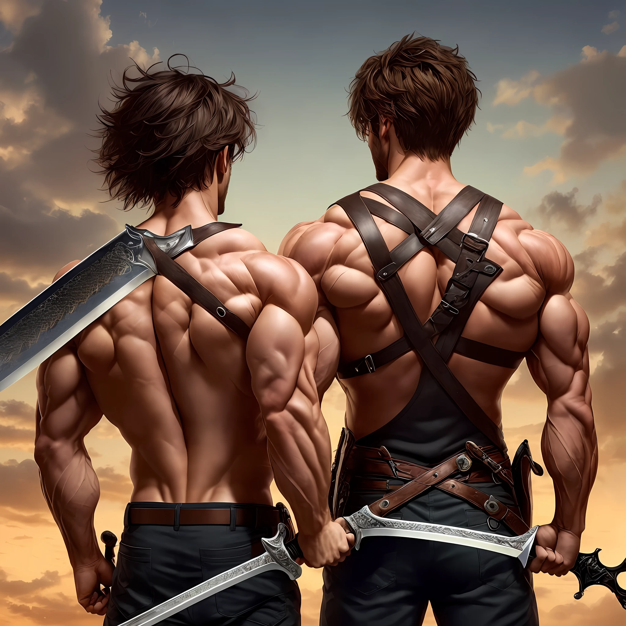 short detailed hair,male people,Build muscles,messy hair,brunette color hair,There is a big sword on his back,